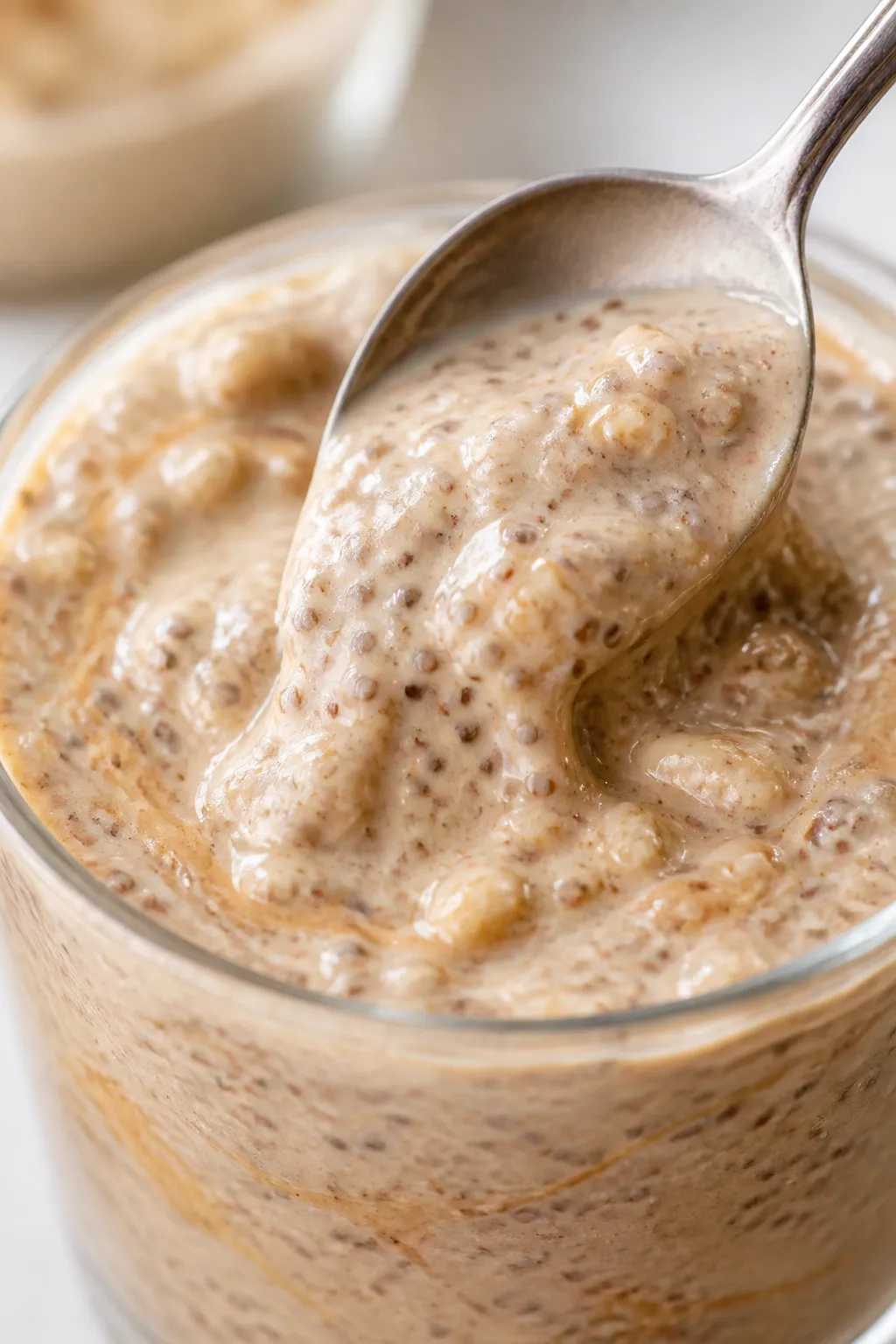 Close-up detail: Thick, creamy peanut butter banana chia pudding just after an overnight chill, spoo