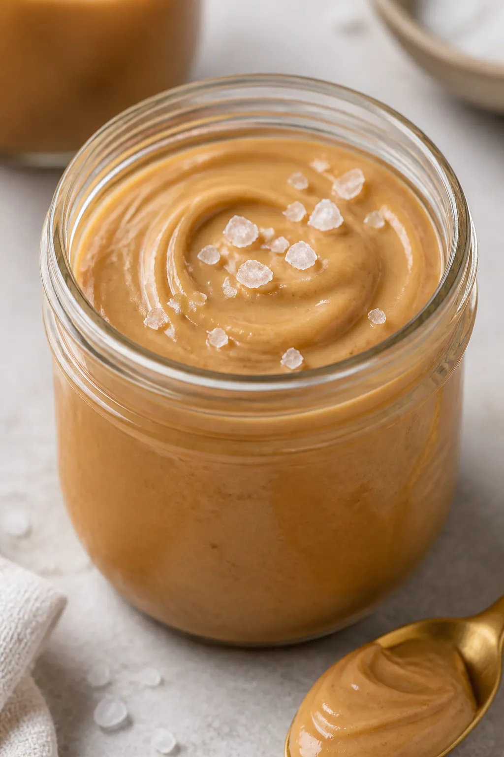 Close-up detail: Thick, creamy salted caramel protein pudding just poured into a small glass jar, si