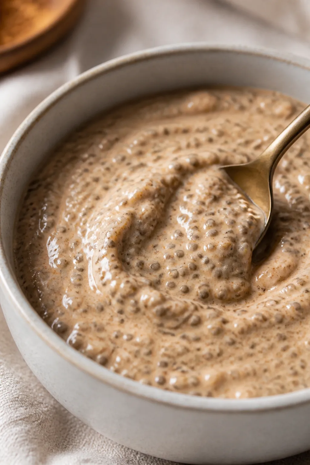 Close-up detail: Thick, creamy snickerdoodle chia pudding mid-stir after the 10-minute rest, showing