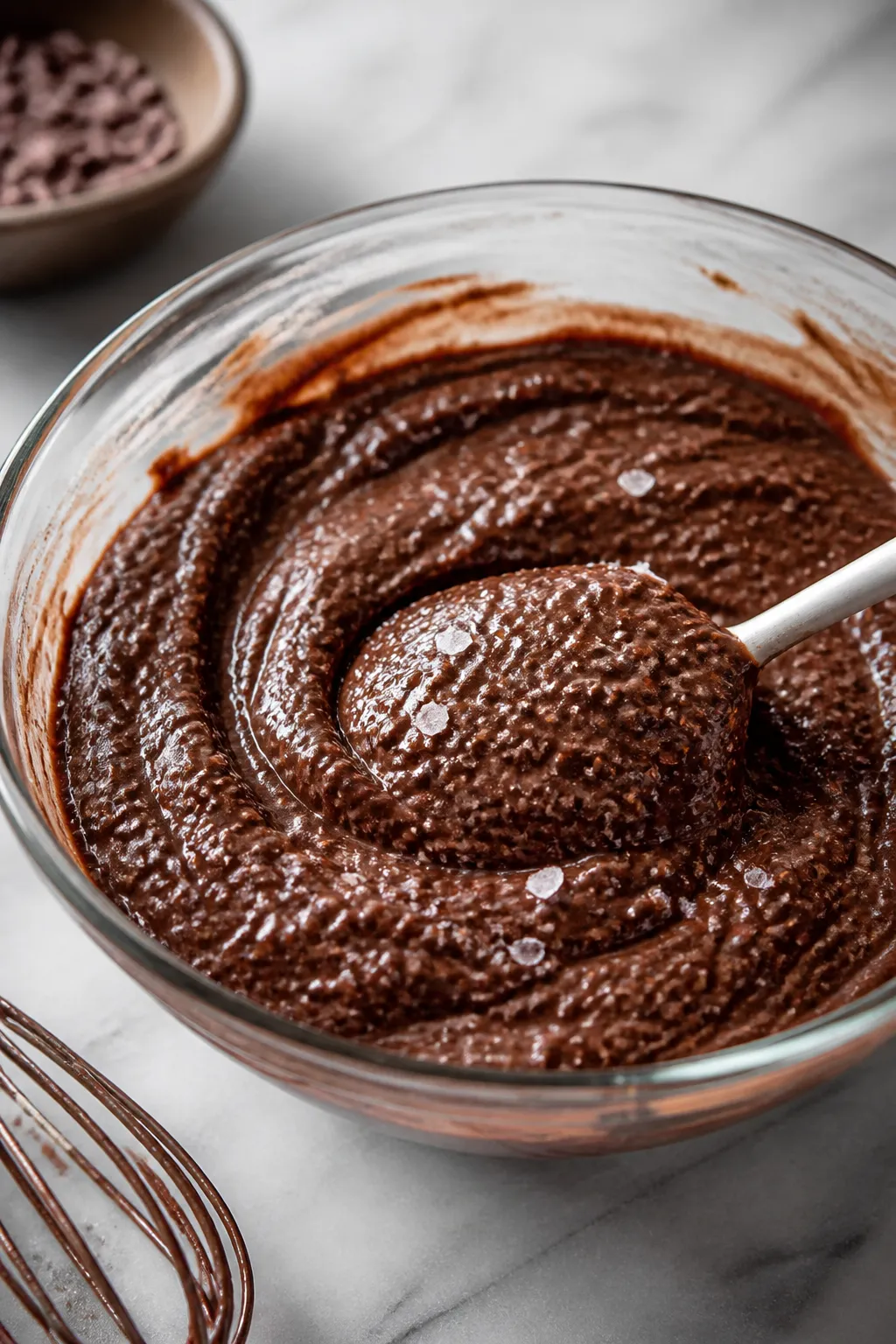 Close-up detail: Thick, glossy brownie-batter chia pudding mid-stir in a glass mixing bowl, showing
