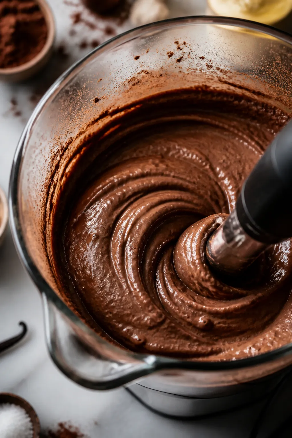 Close-up detail: Thick, glossy brownie-batter protein mousse being blended to a perfectly smooth, fl