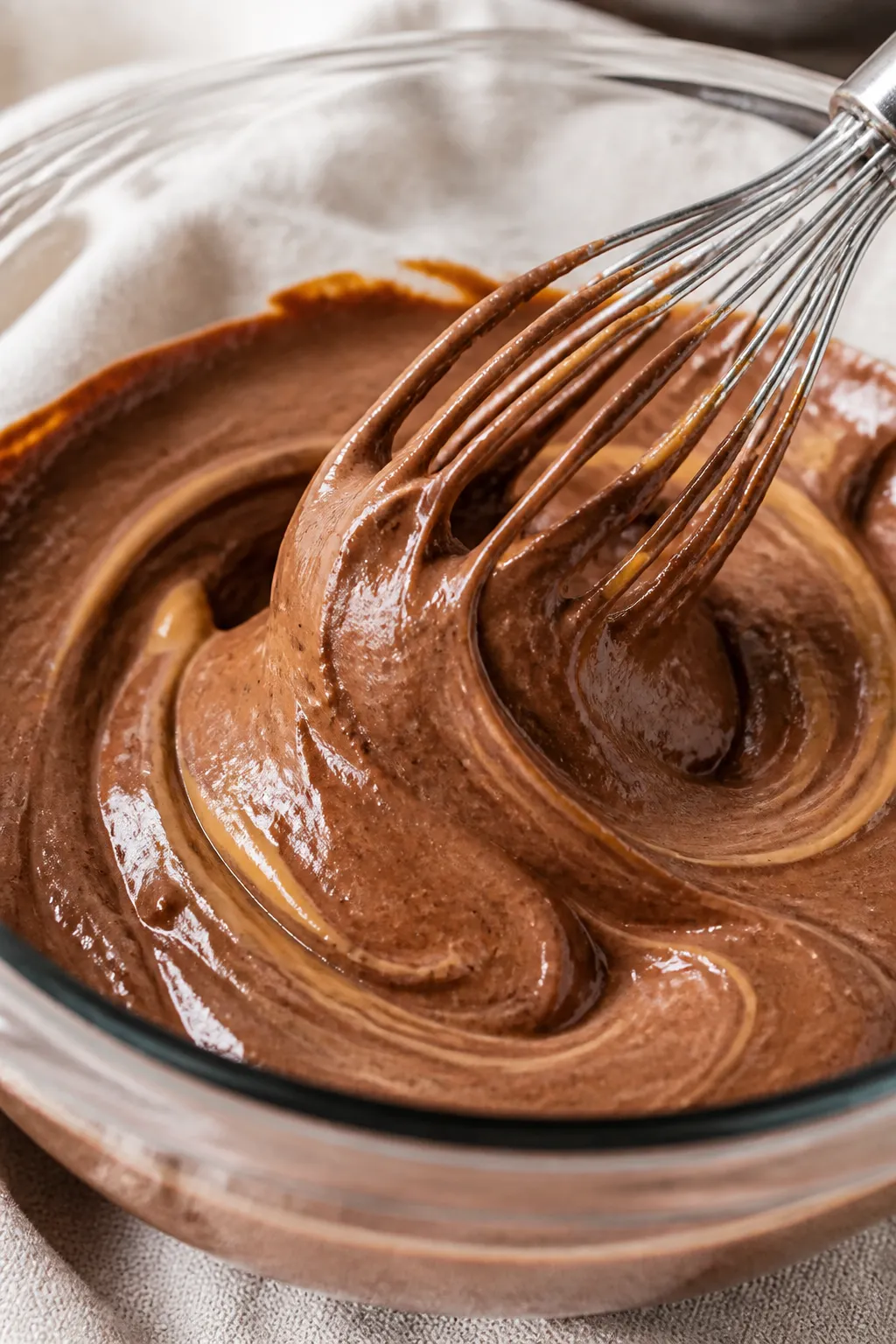 Close-up detail: Thick, glossy chocolate–peanut butter protein pudding being whisked in a glass mi