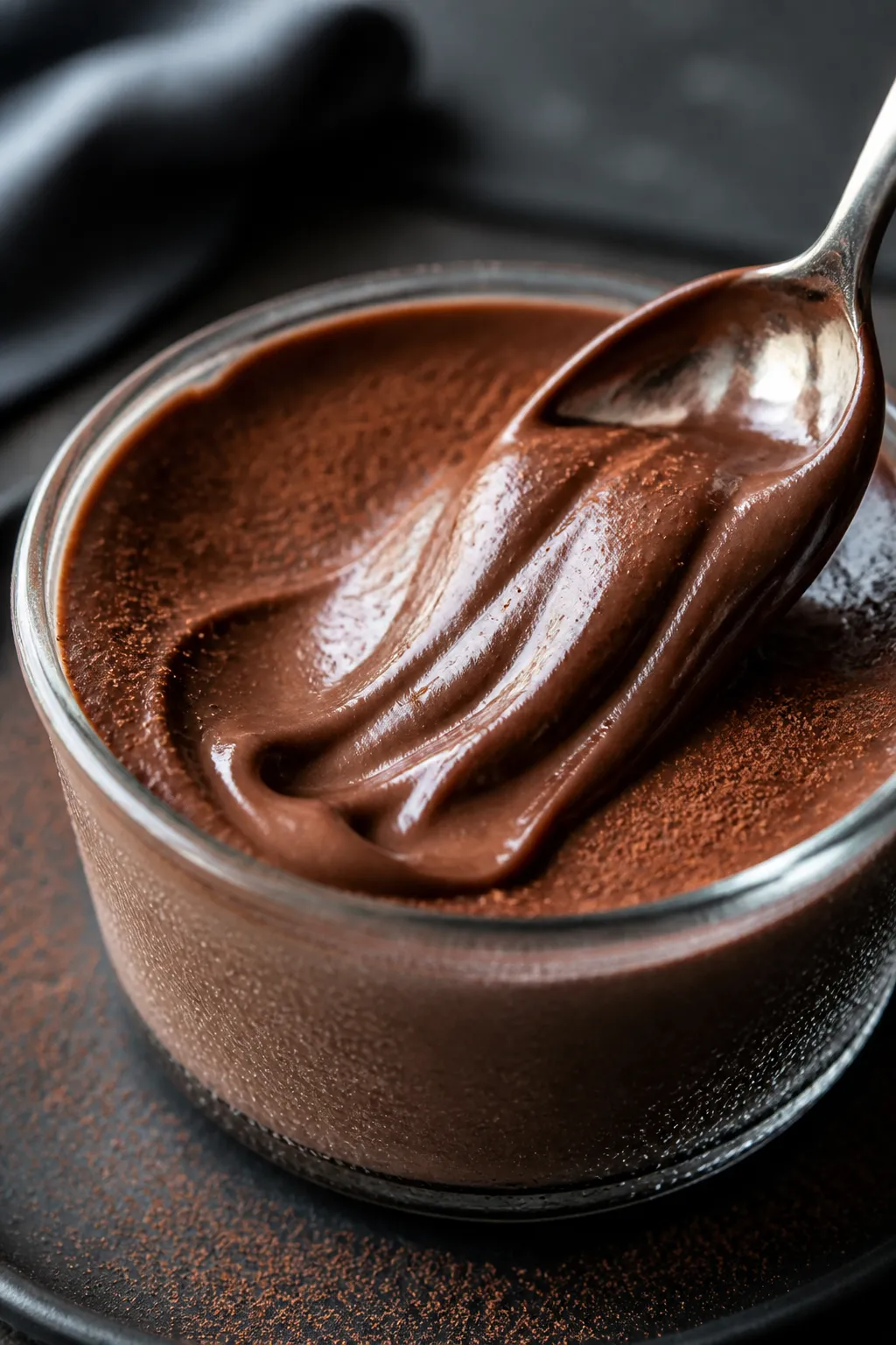 Close-up detail: Thick, glossy High Protein Chocolate Cheesecake Pudding just after chilling, spoon 