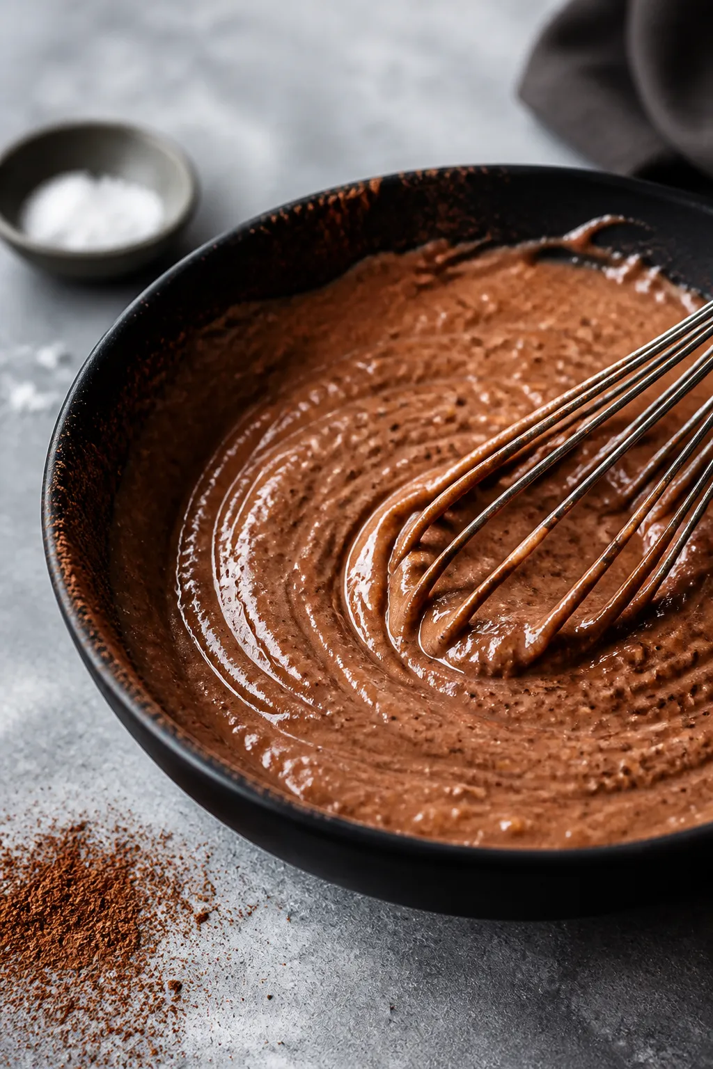 Close-up detail: Thick, glossy mocha protein pudding being whisked to a silky, spoonable texture in 