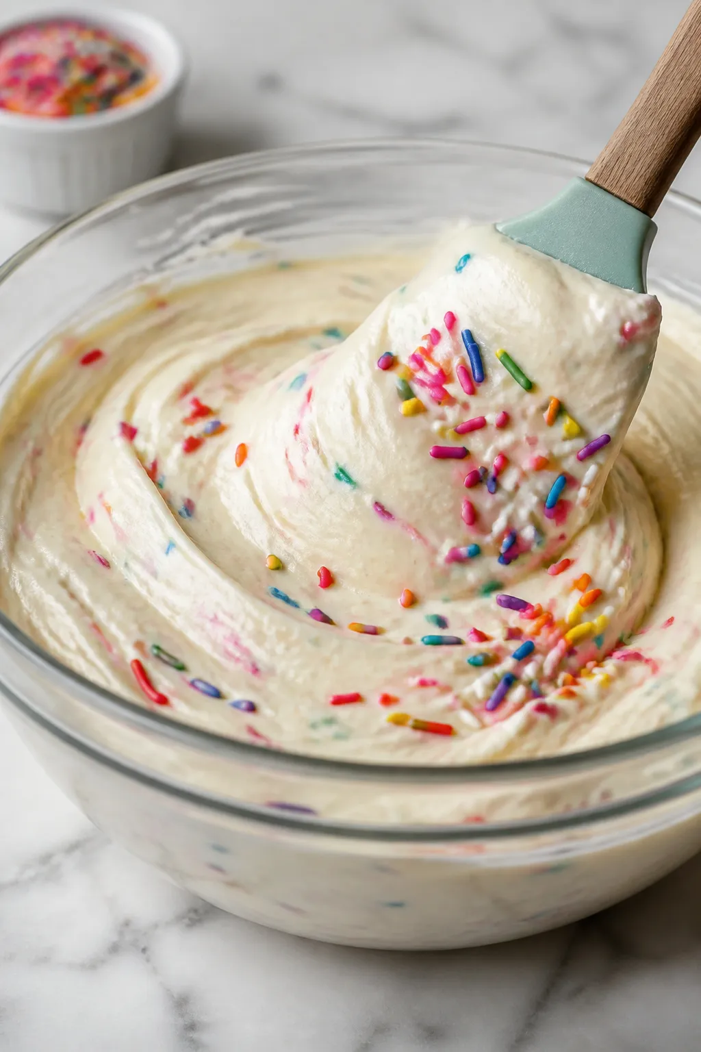 Close-up detail: Thick, silky birthday-cake pudding being folded with rainbow “jimmies” sprinkle