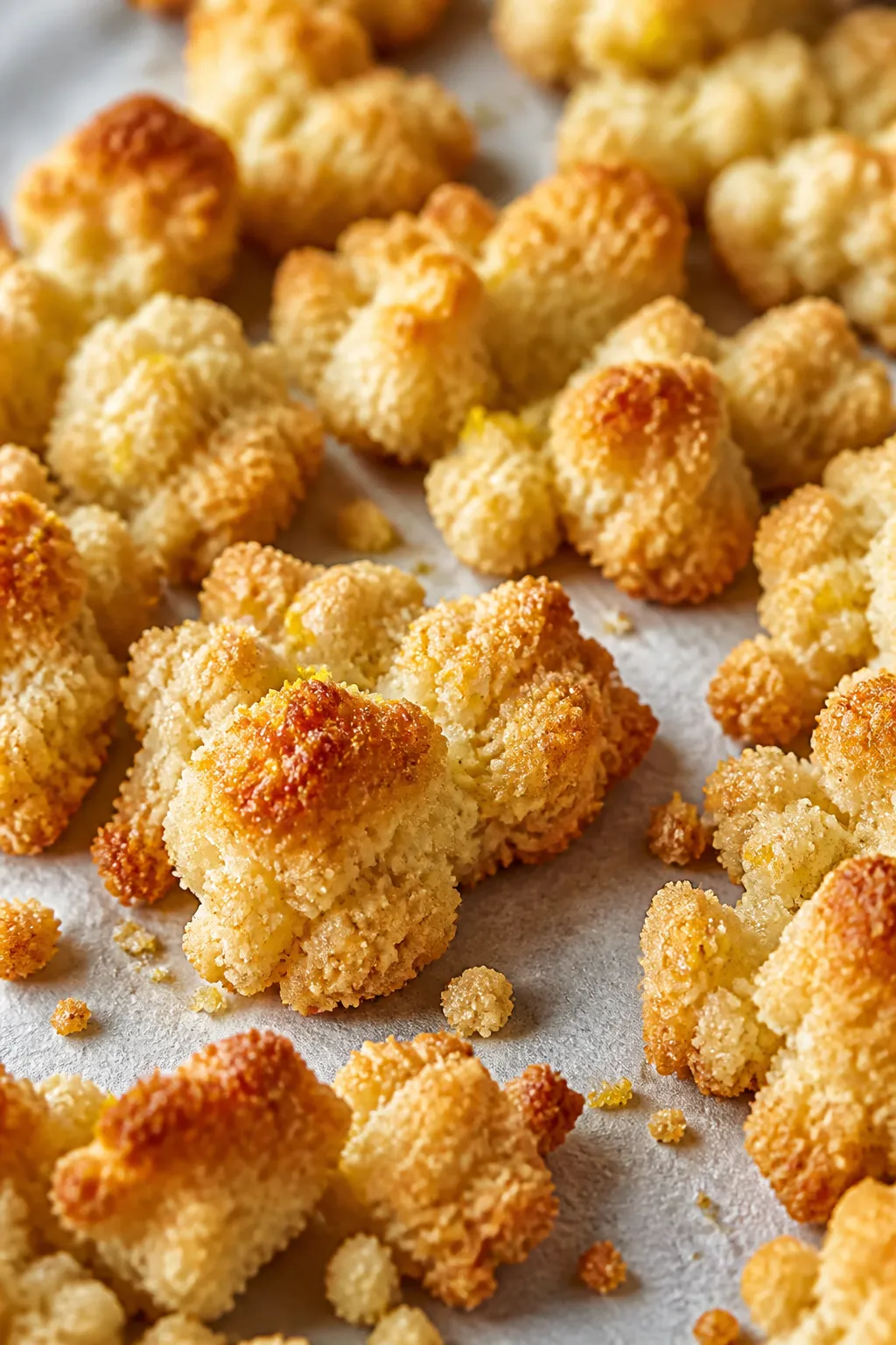 Close-up detail: Toasted low-carb shortcake crumble fresh from the oven, golden almond flour cluster