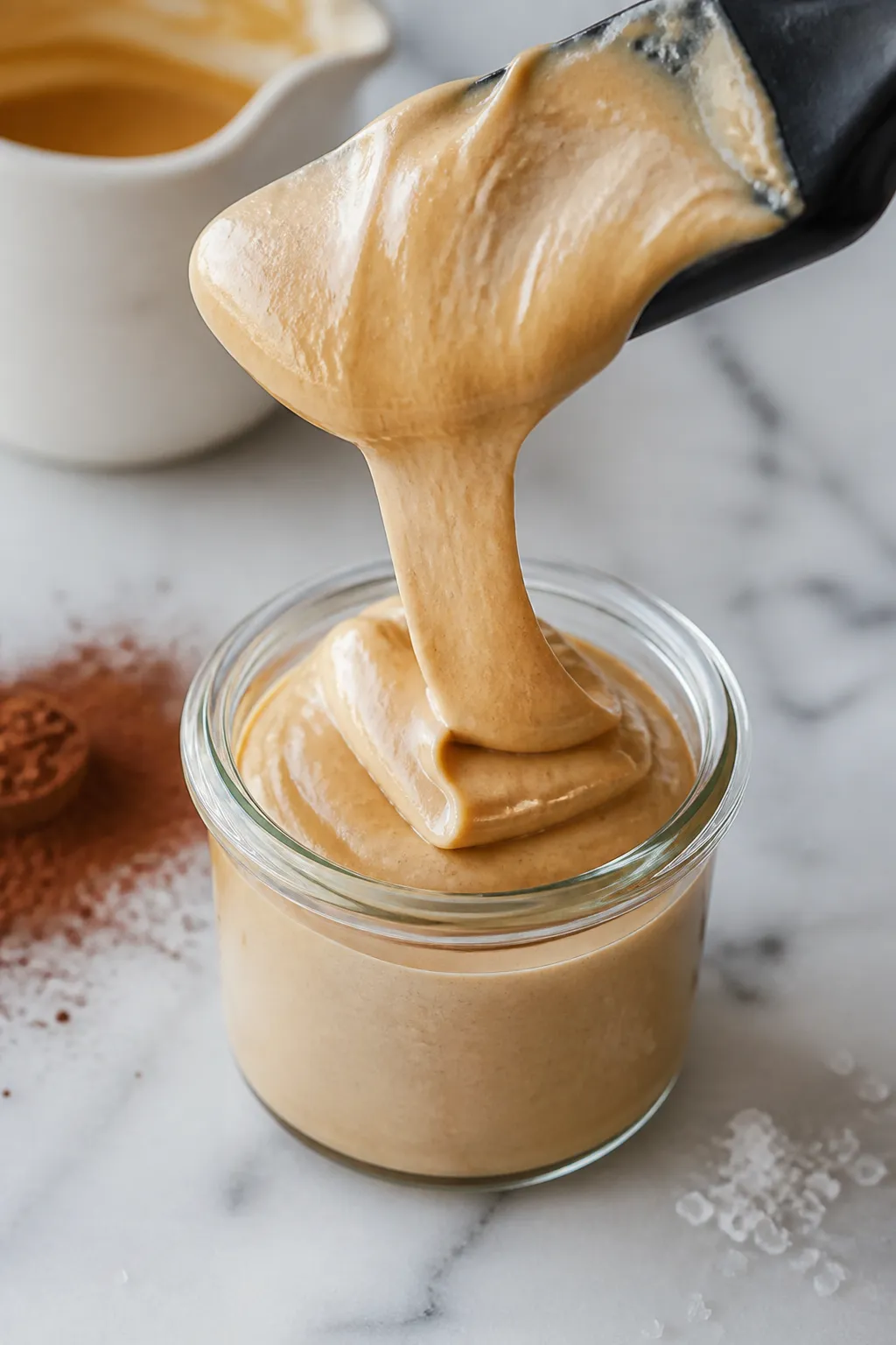 Close-up detail: Ultra-creamy Cottage Cheese Peanut Butter Pudding streaming off a blender spatula i