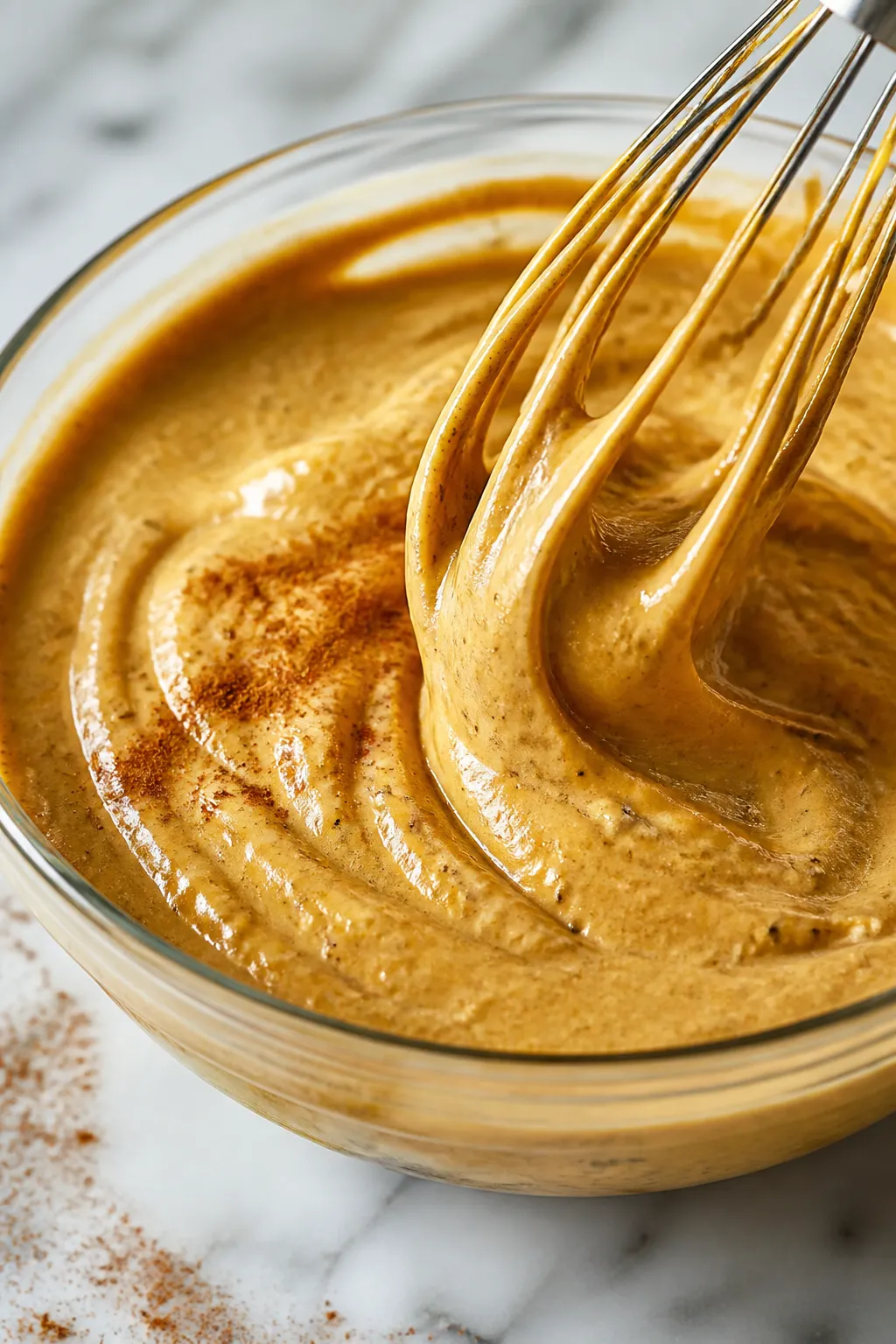 Close-up detail: Ultra-creamy High Protein Pumpkin Pie Pudding mid-whisk in a glass mixing bowl, glo