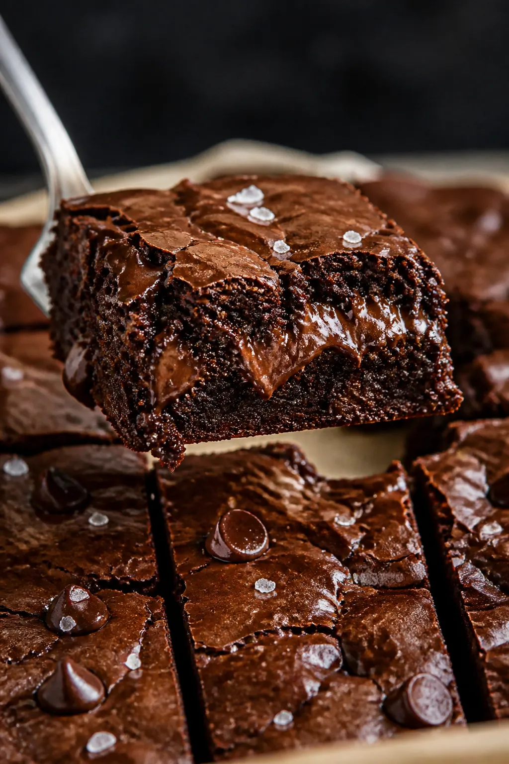Close-up detail: Ultra-fudgy triple chocolate protein brownies just out of the pan, one square lifte