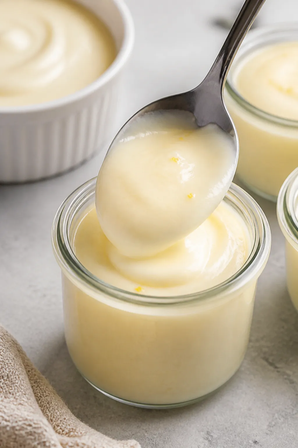 Close-up detail: Ultra-smooth Cottage Cheese Cheesecake Pudding just after blending, being spooned i