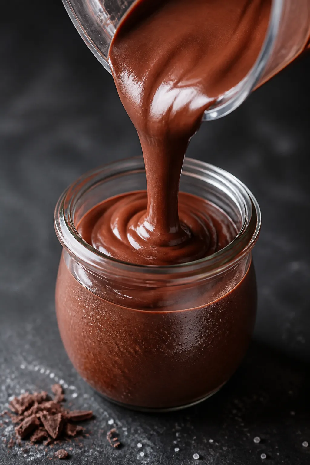 Close-up detail: Ultra-smooth high-protein chocolate pudding being poured from a blender into a smal