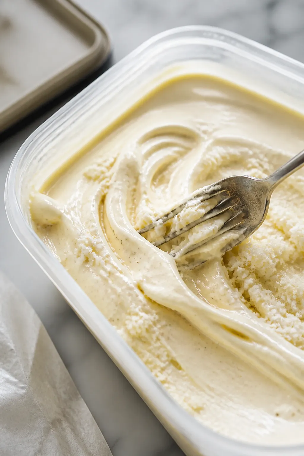 Close-up detail: Ultra-smooth protein ice cream base being stirred in a shallow, freezer-safe contai