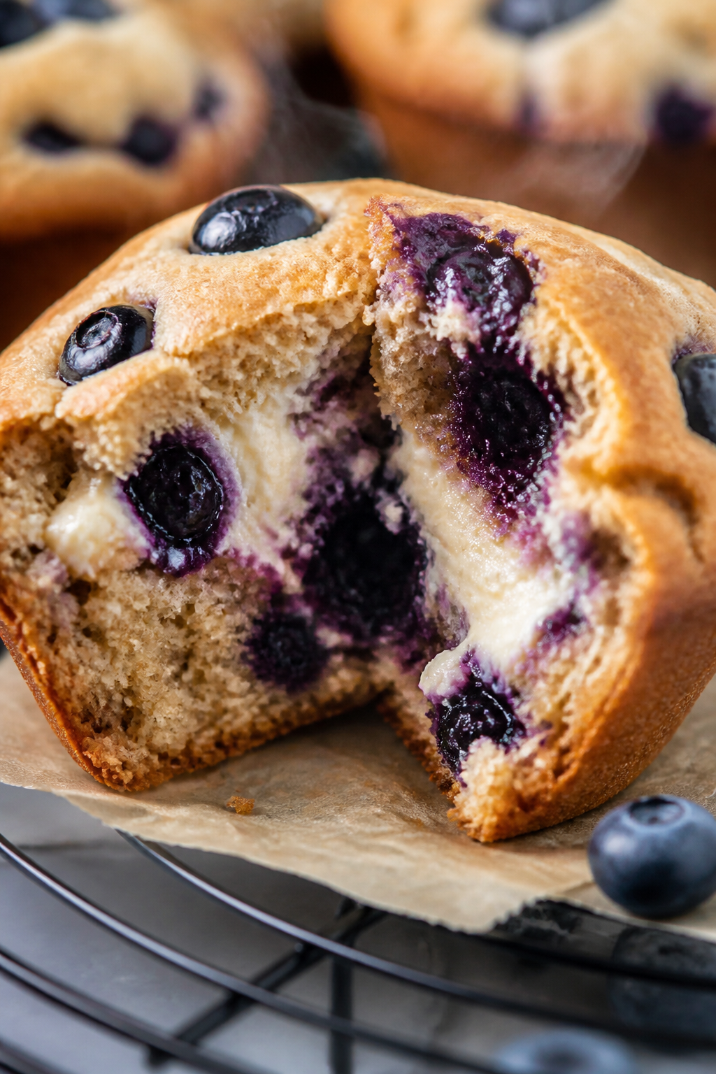 Close-up detail: Warm blueberry cheesecake protein muffin just out of the tin, split open to reveal 