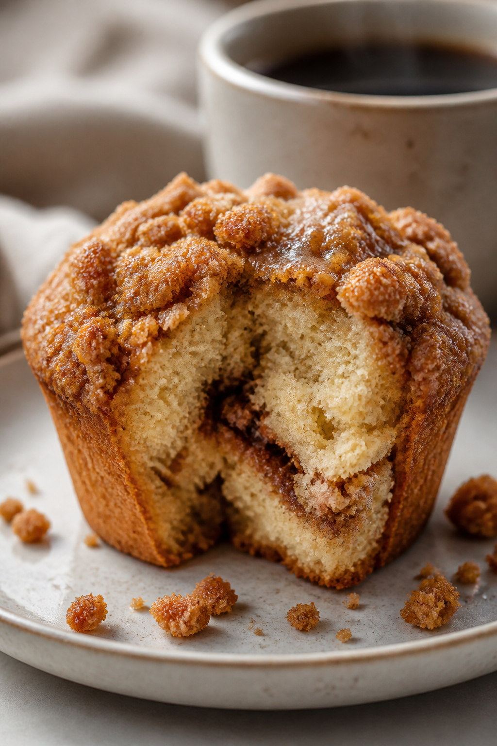Close-up detail: Warm Protein Coffee Cake Muffin just out of the oven, showcasing a thick, golden-br