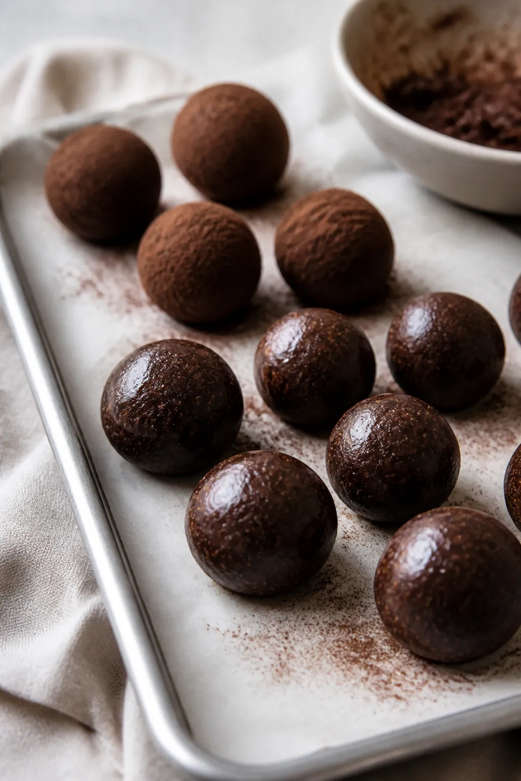 Close-up process shot: freshly rolled chocolate cheesecake protein balls being formed after a short 