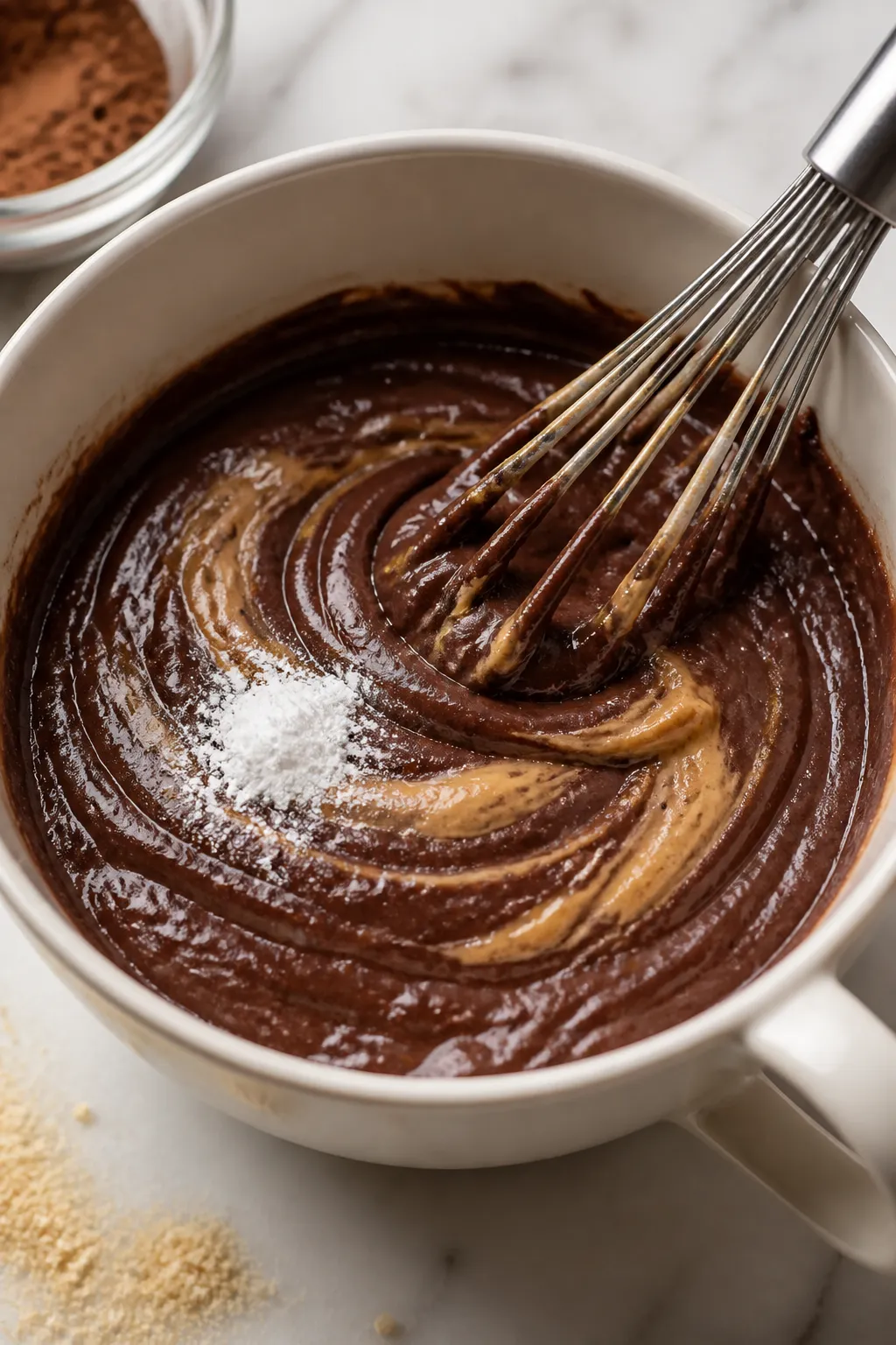 Cooking process: action shot of the thick, pourable chocolate batter being stirred smooth inside the