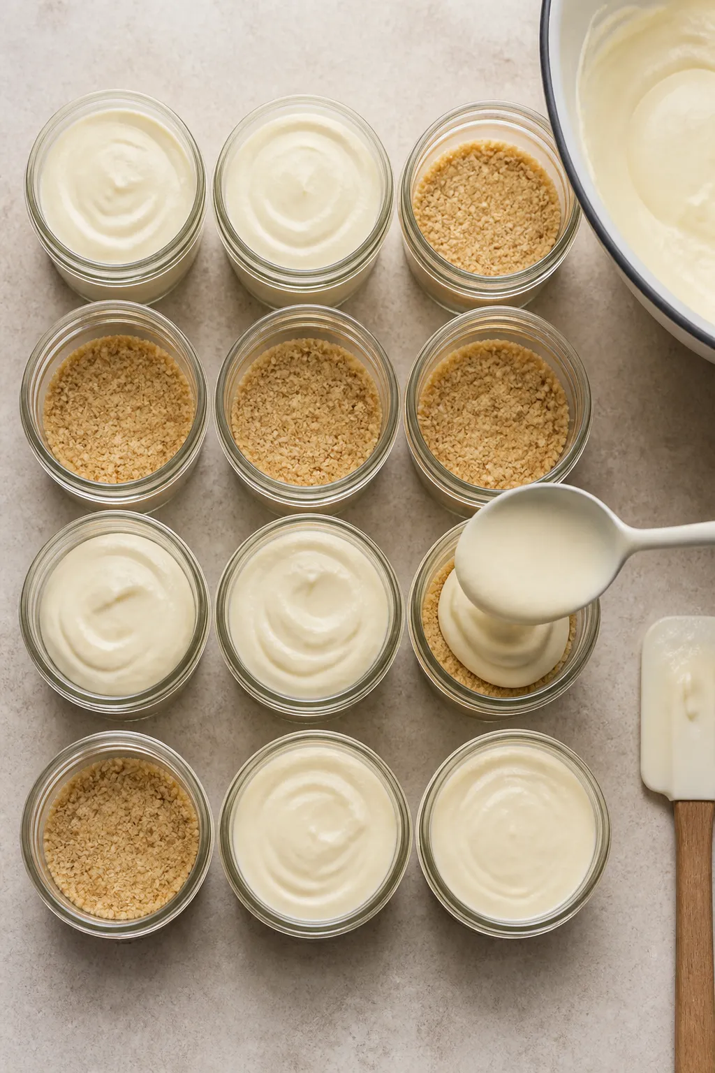 Cooking process: Assembling the jars—spoonful of smooth, glossy banana-protein cheesecake filling
