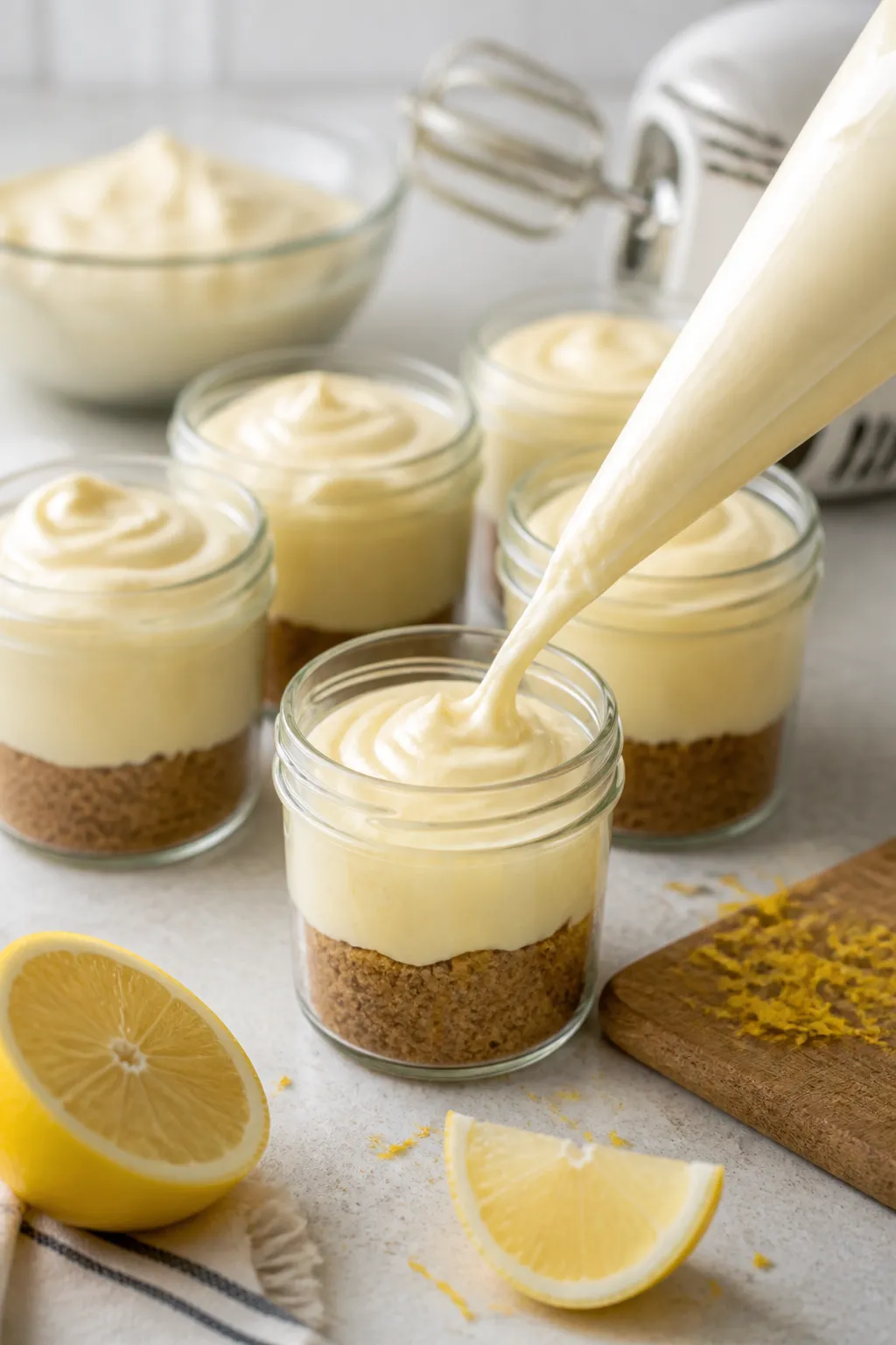 Cooking process: Assembly in action—several small jars lined up with the almond crust already gent