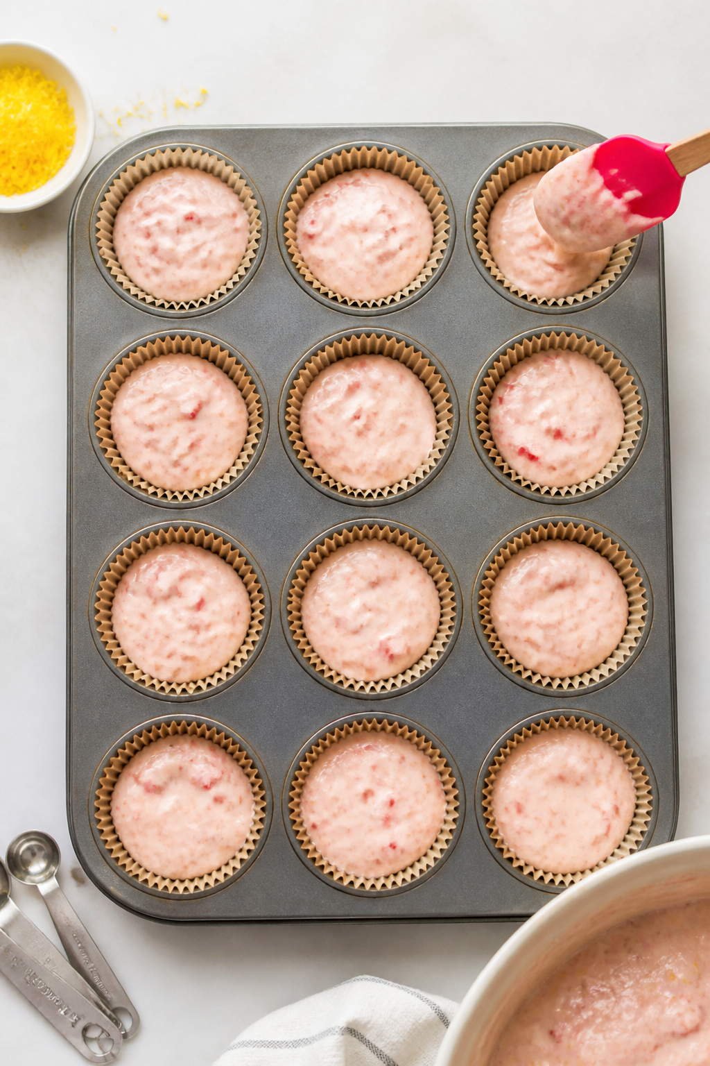 Cooking process: Batter being portioned into a 12-cup muffin tin—cups two-thirds full with pale, s