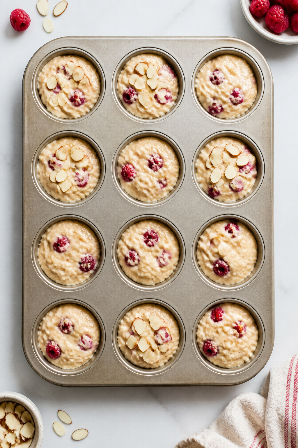 Cooking process: Batter being portioned into a standard 12-cup muffin tin, thick, slightly lumpy bat