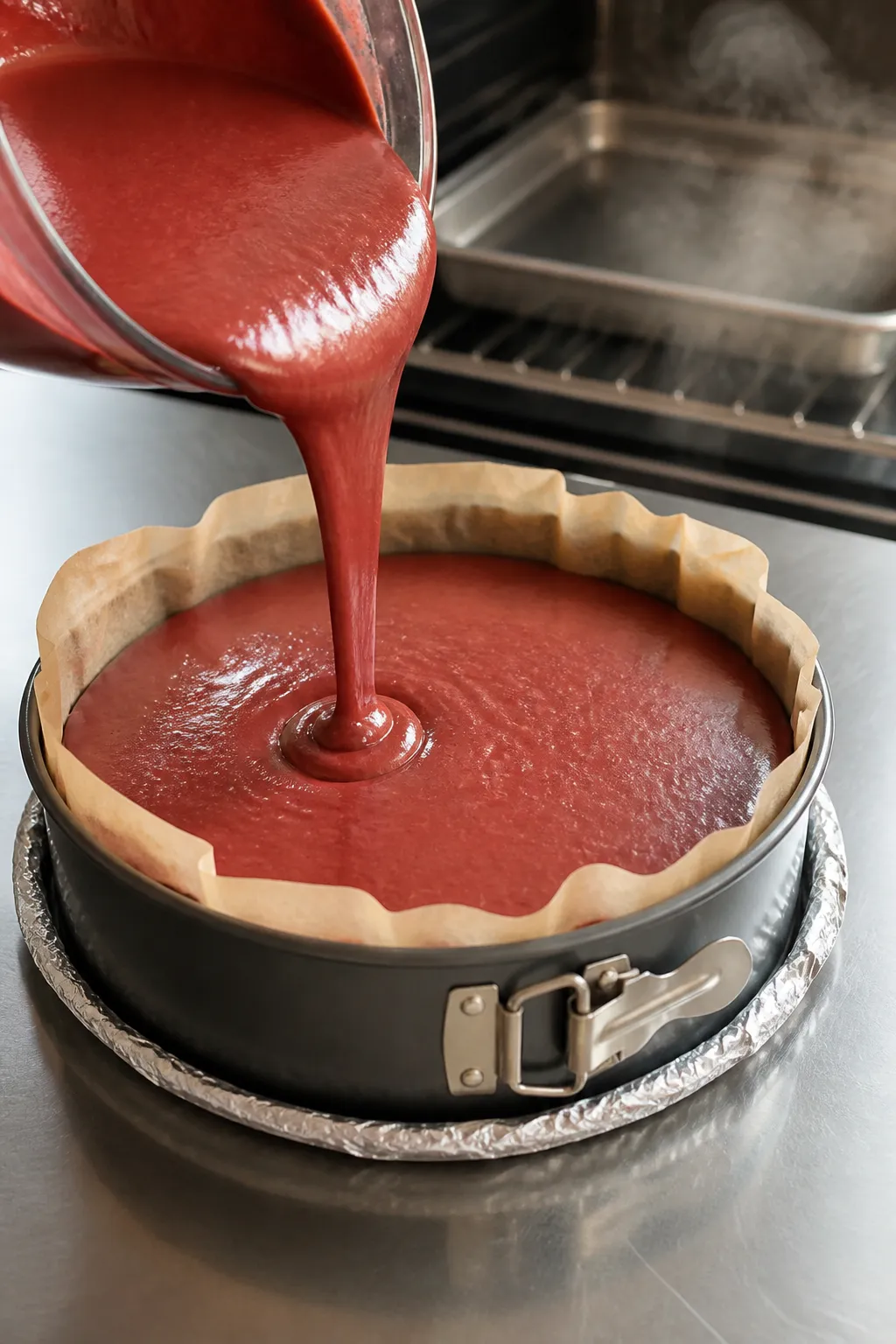 Cooking process: Batter being poured into a parchment-lined 9-inch springform pan, captured mid-flow
