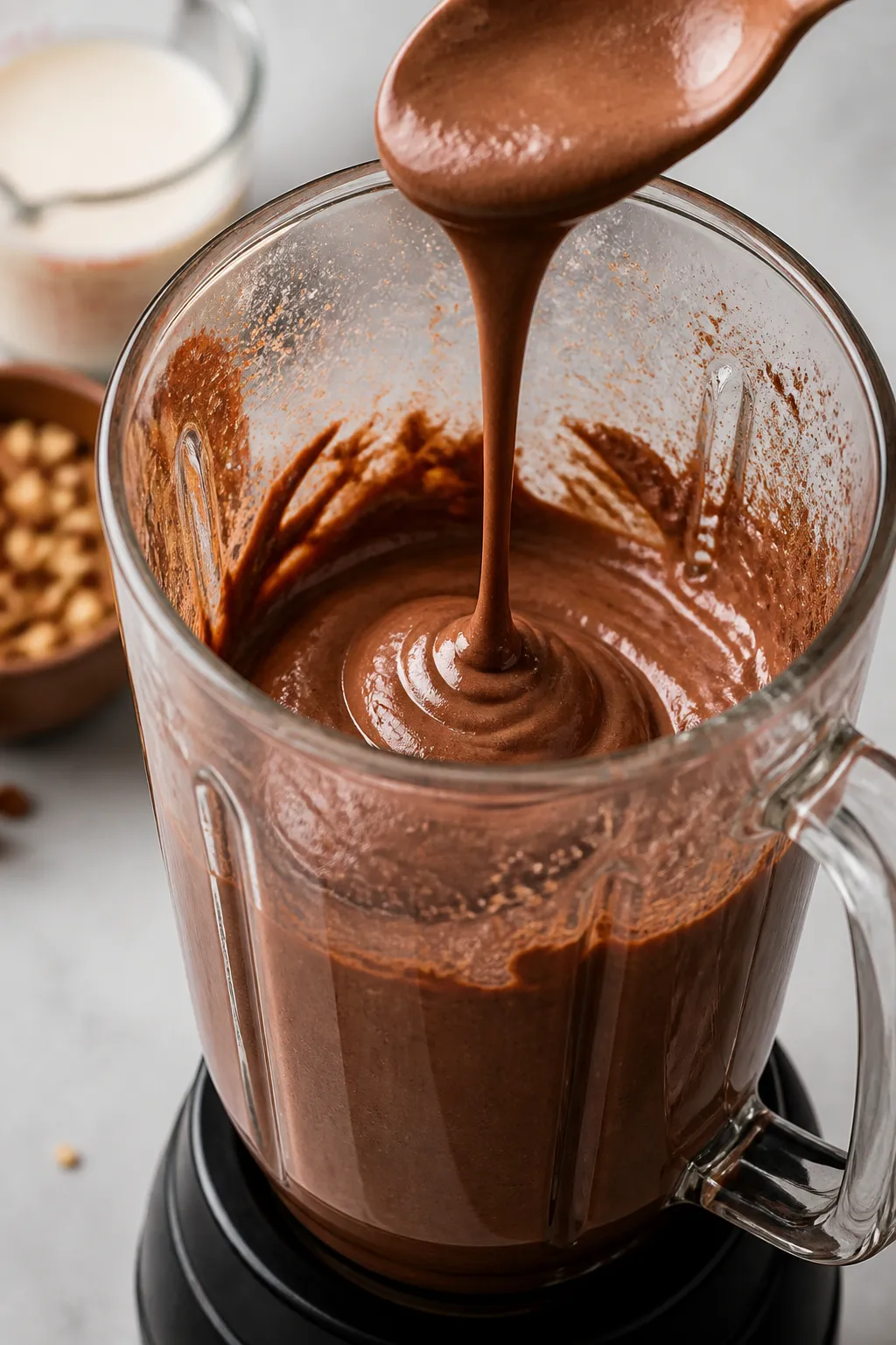 Cooking process — Chocolate Hazelnut Protein Mousse being blended to a glossy, thick-pudding consi