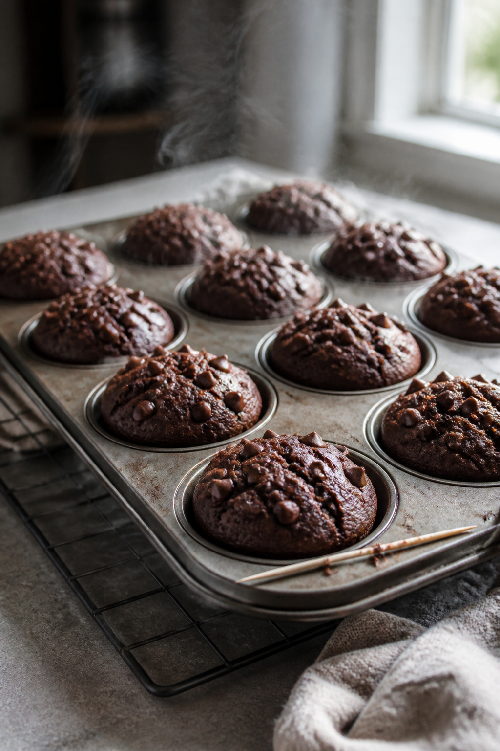 Cooking process close-up: A 12-cup muffin pan just pulled from a 375°F oven, double chocolate muffi