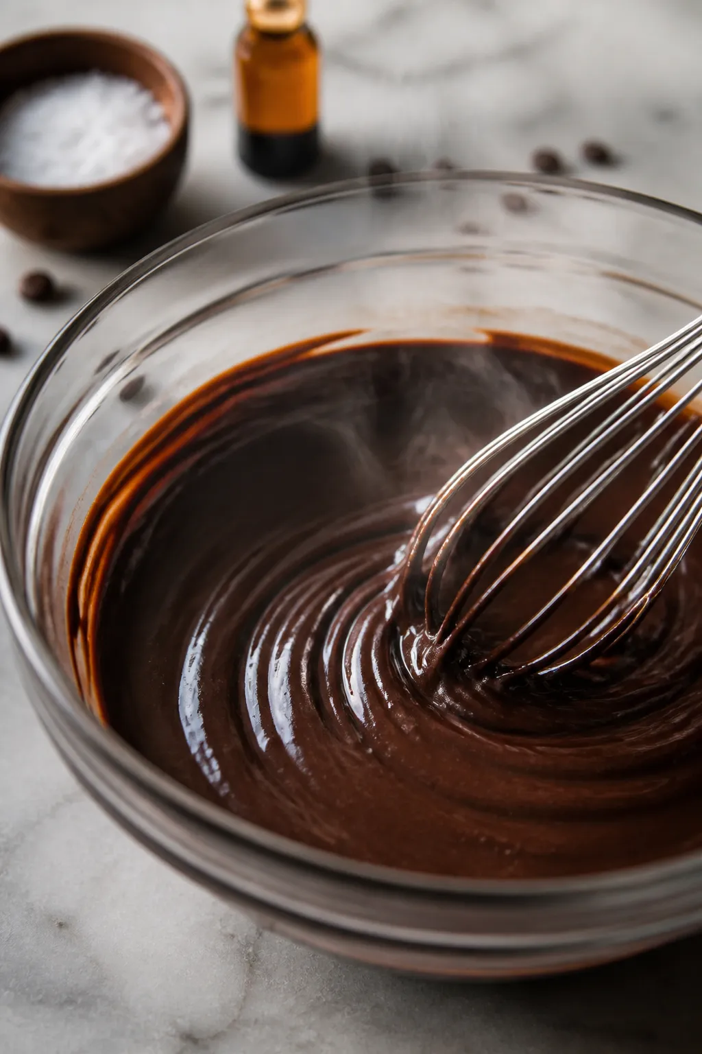 Cooking process close-up: A glossy pool of just-melted dark chocolate in a heatproof bowl, loosened