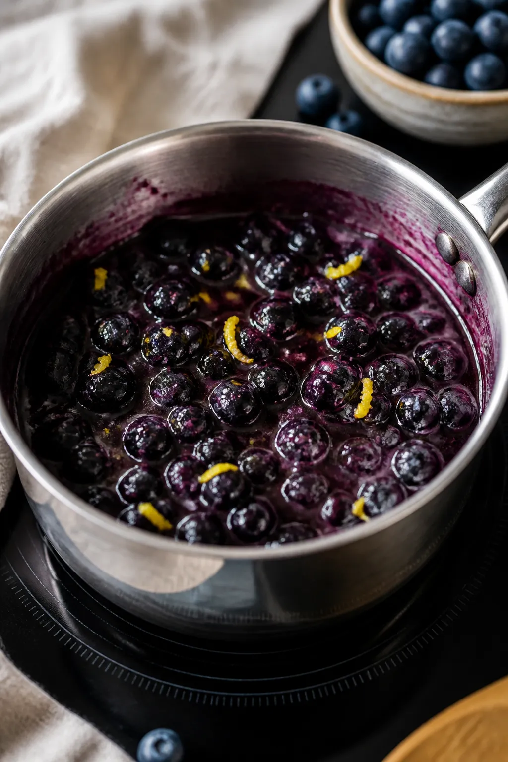 Cooking process close-up: A small saucepan on the stove holding a glossy blueberry compote, blueberr