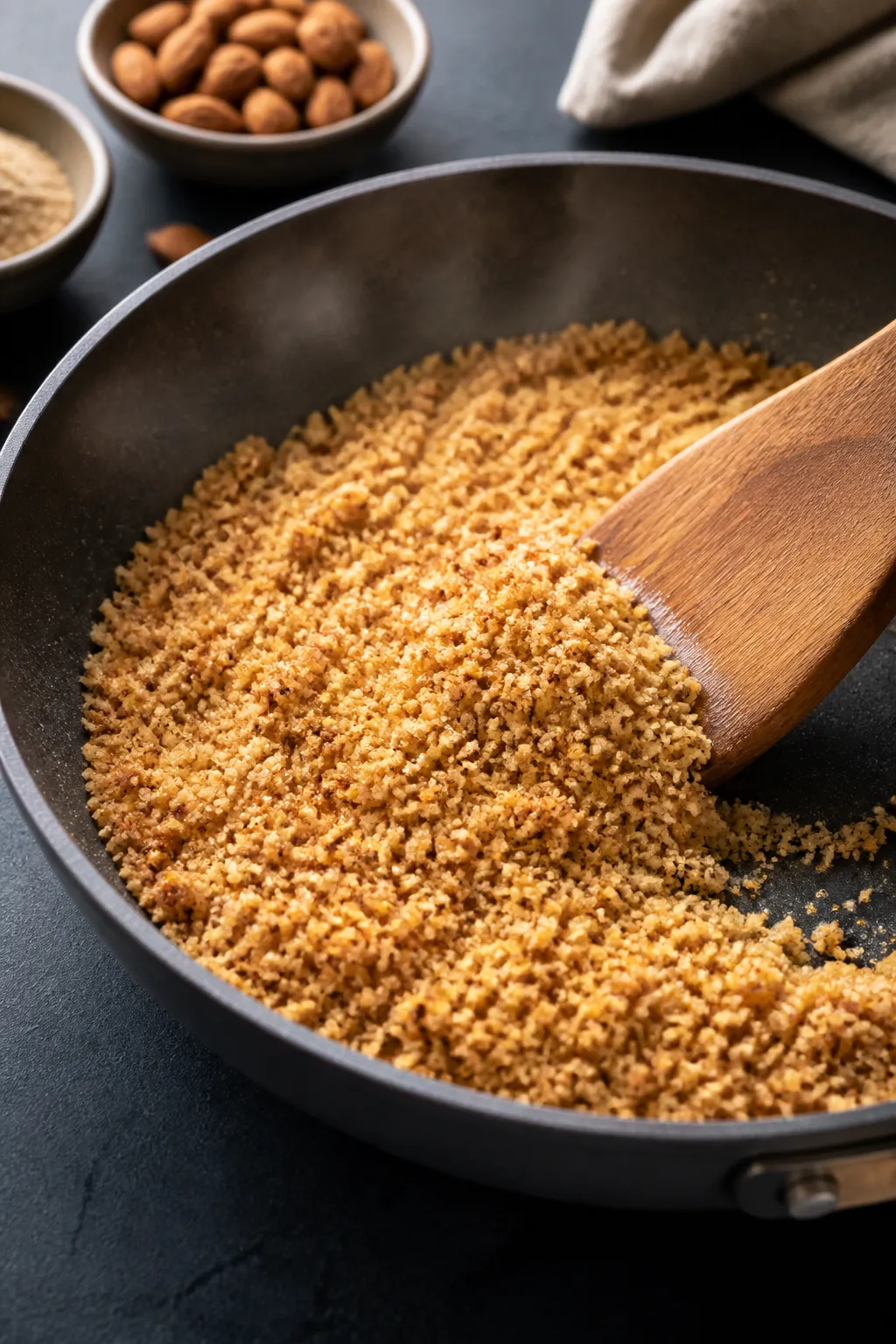 Cooking process close-up: Almond flour “crust” toasting in a shallow skillet until golden and nu