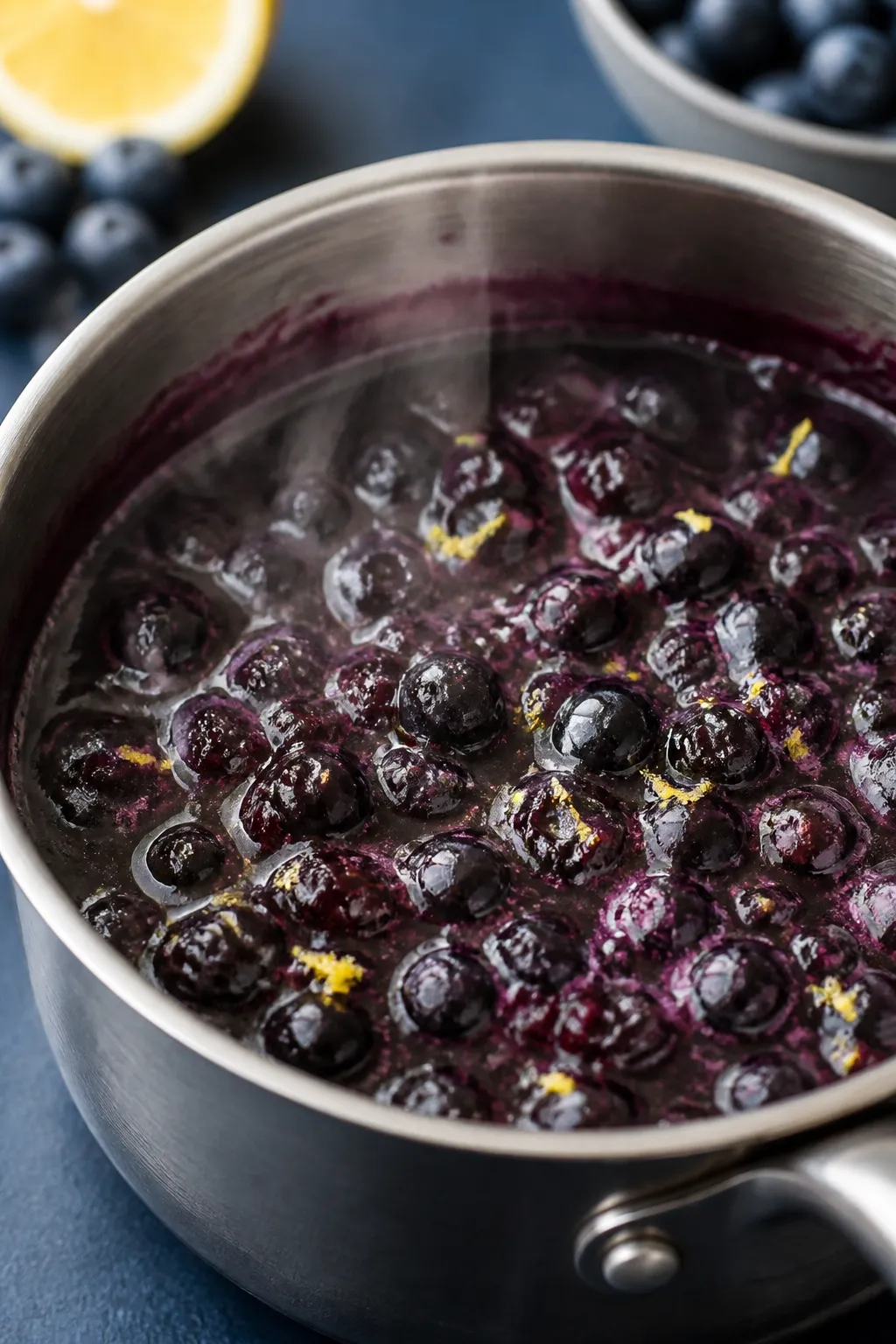 Cooking process close-up: Blueberry compote simmering and just beginning to burst in a small saucepa