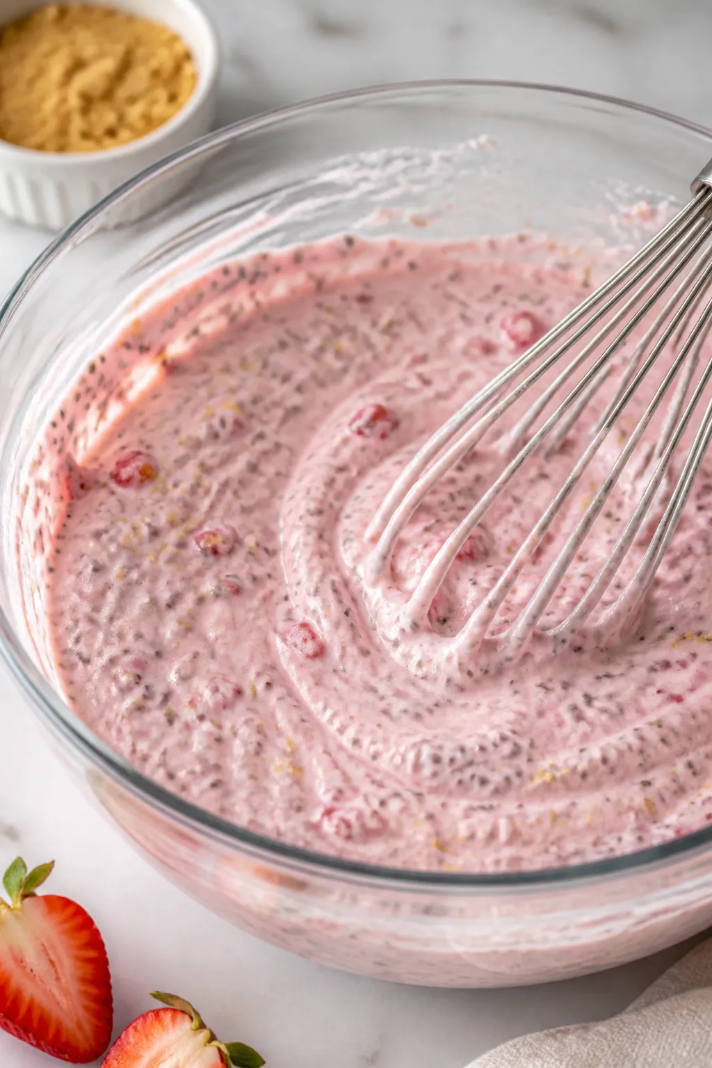 Cooking process close-up: Chia strawberry cheesecake base being whisked in a clear glass bowl after 