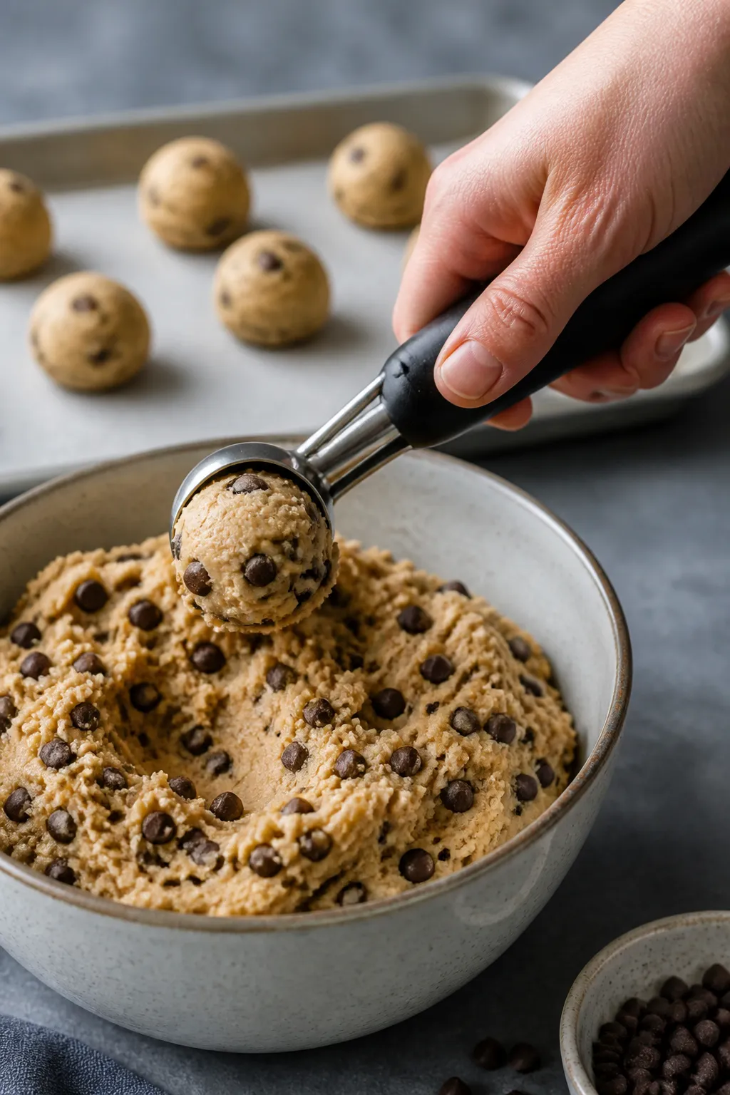 Cooking process close-up: Chilled cookie dough being scooped with a small cookie scoop and rolled in