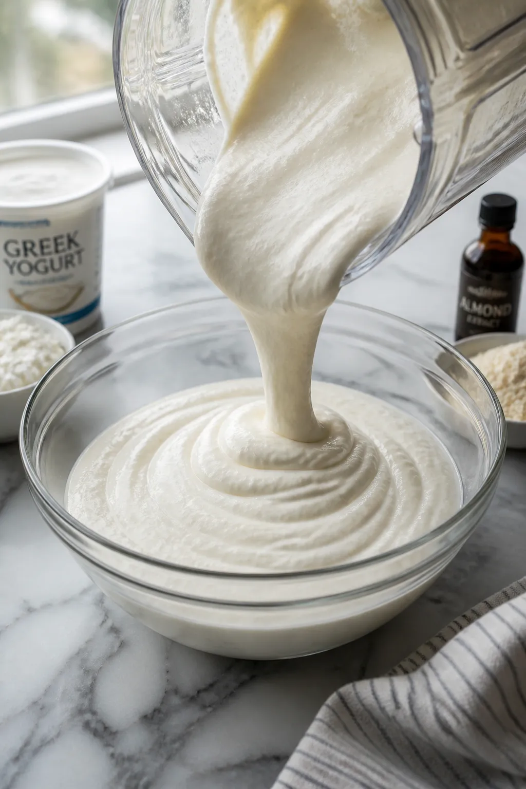 Cooking process, close-up detail: A blender jar filled with silky, fully blended Greek yogurt and co