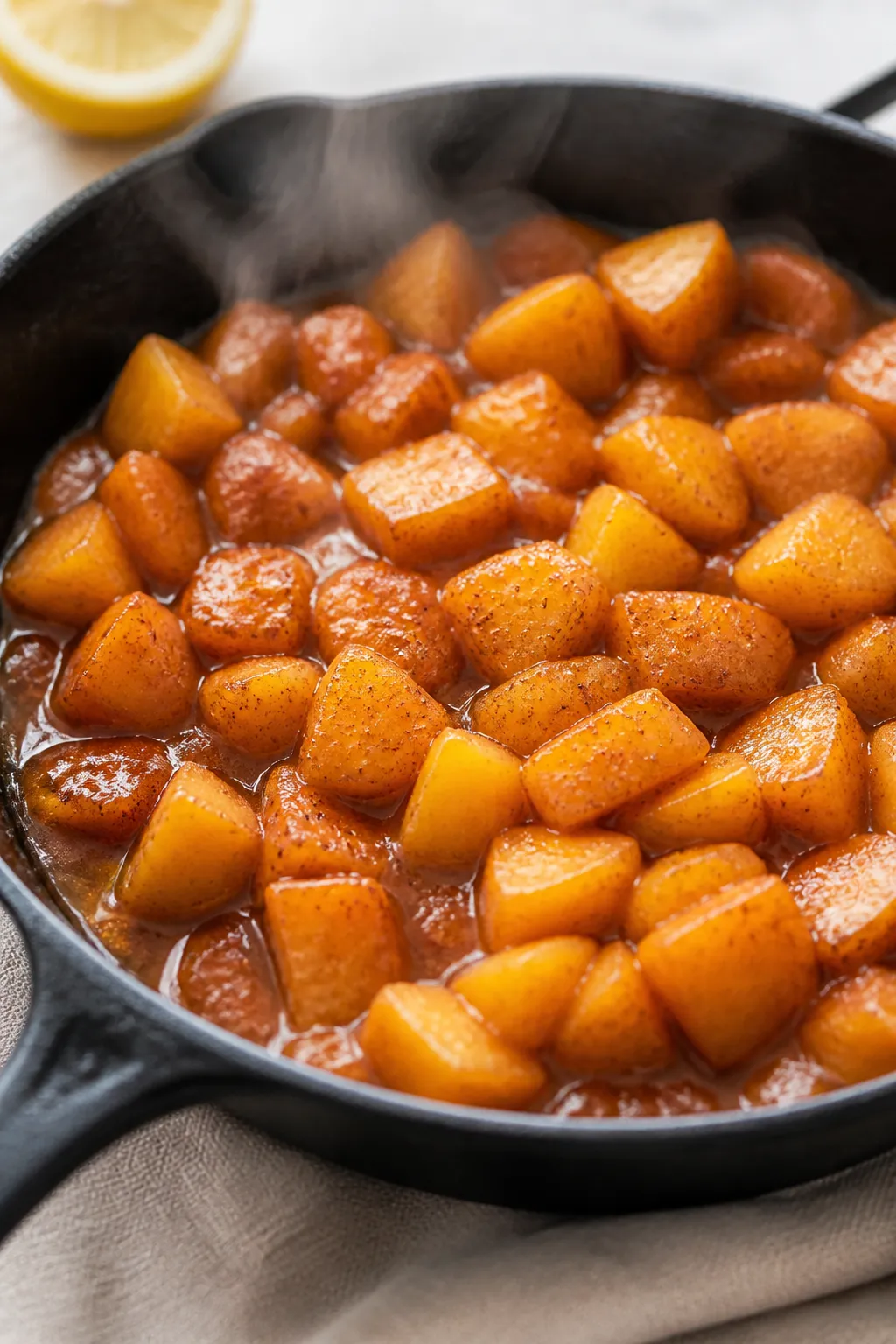 Cooking process, close-up detail: Close-up of peach cobbler chia pudding peach layer simmering in a