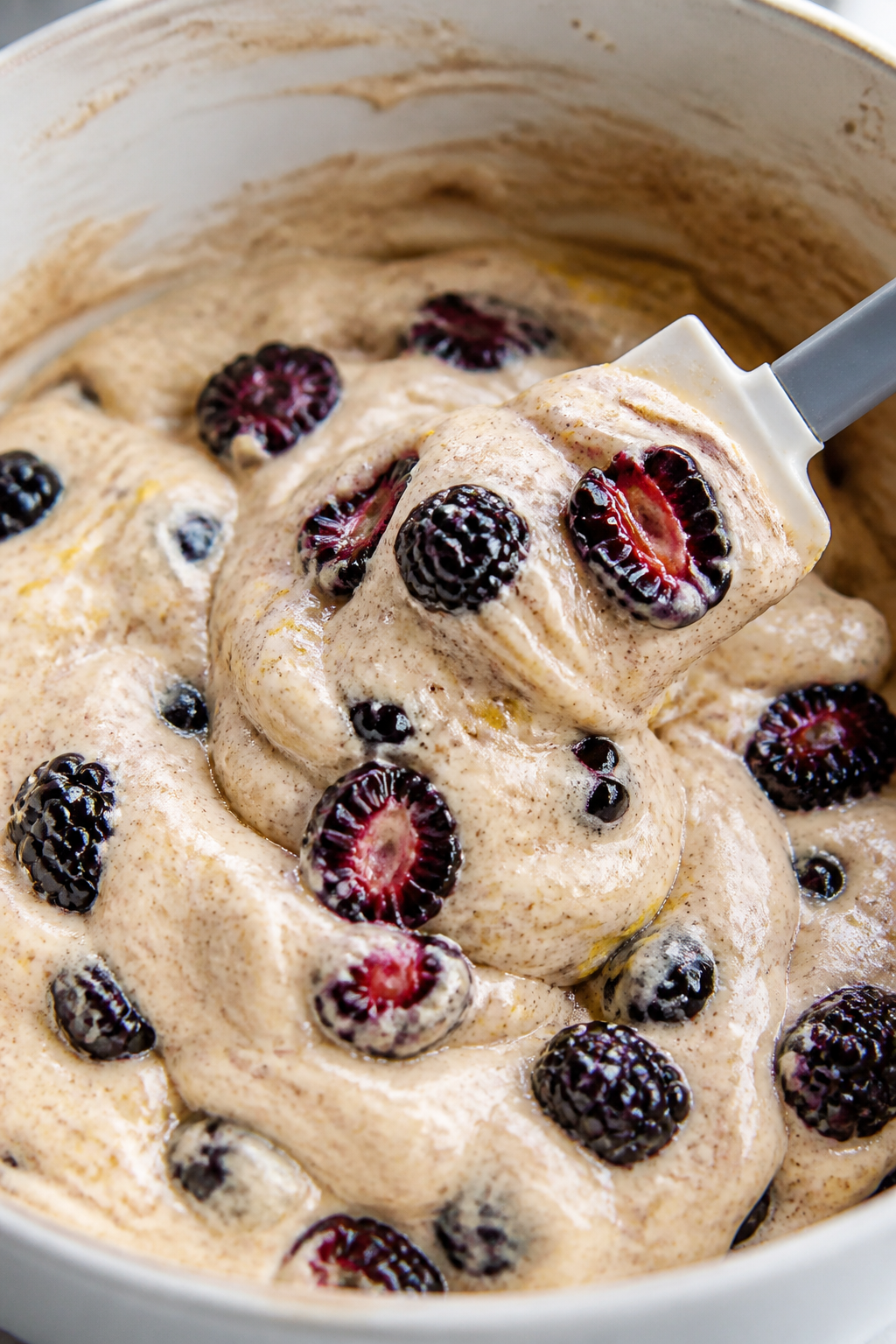 Cooking process, close-up detail: Thick, scoopable muffin batter being gently folded with juicy halv