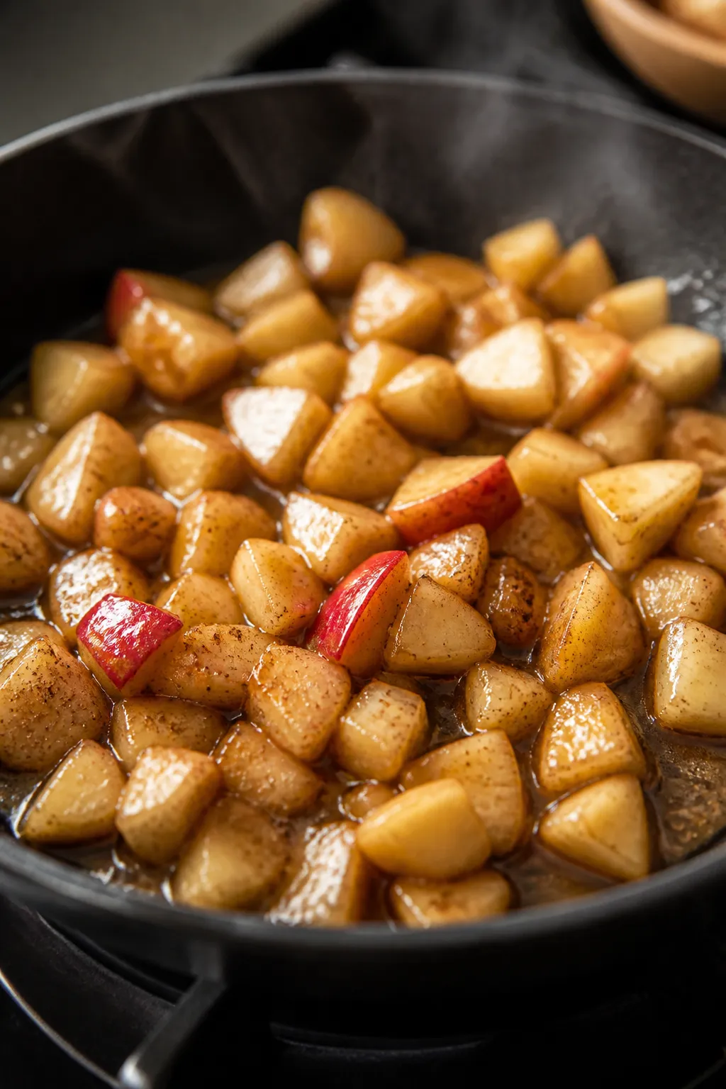 Cooking process close-up: Diced Honeycrisp apples sautéing in a small skillet with a glossy sheen o