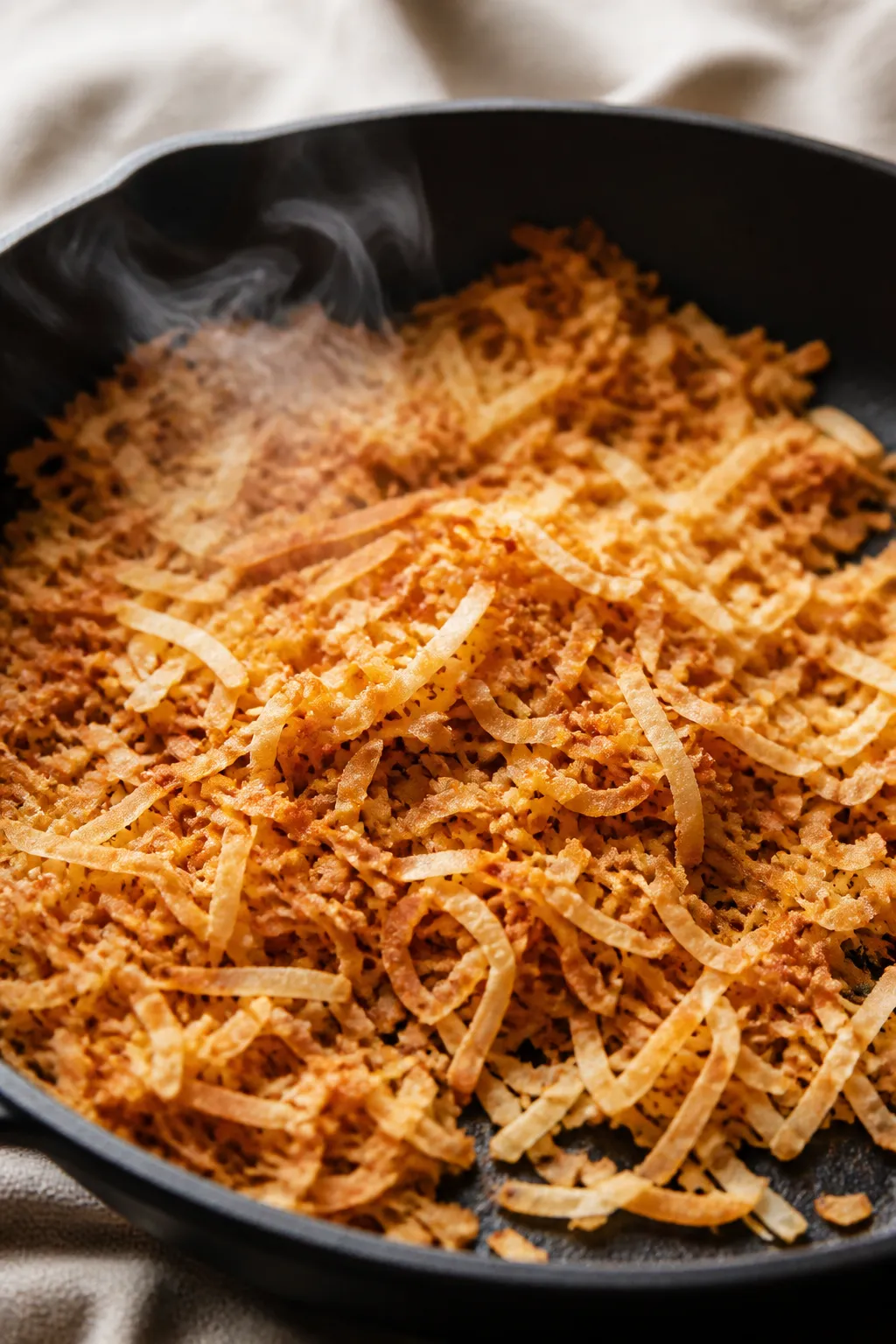 Cooking process close-up: Golden toasted shredded coconut in a matte black skillet, evenly browned f