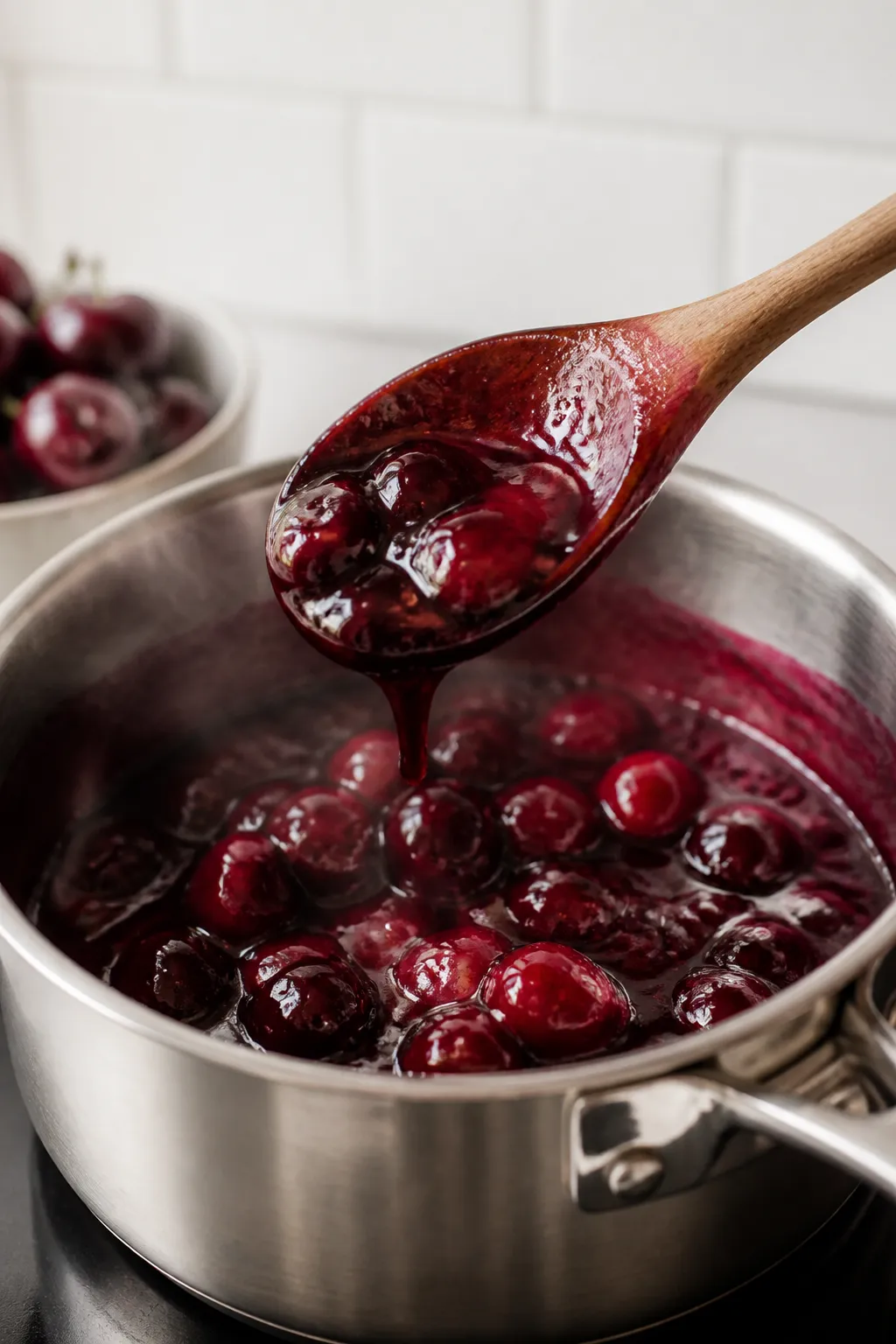 Cooking process close-up: Jammy cherry compote simmering in a small saucepan, cherries glossy and bu
