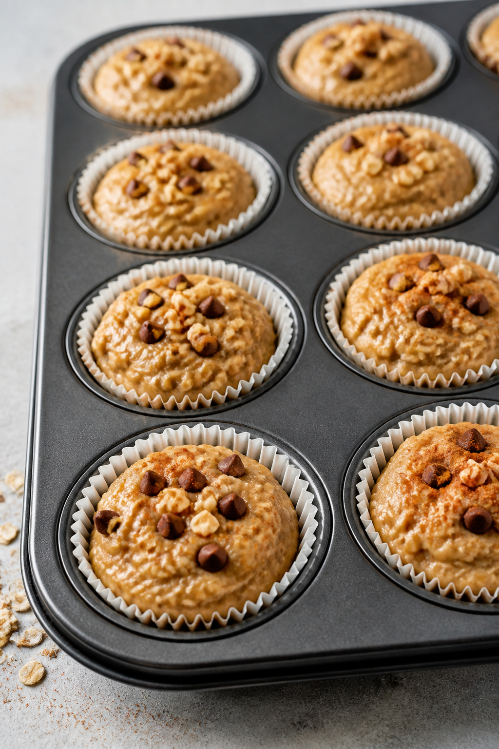 Cooking process close-up: Muffin tin of peanut butter protein muffin batter just filled 3/4 full, to