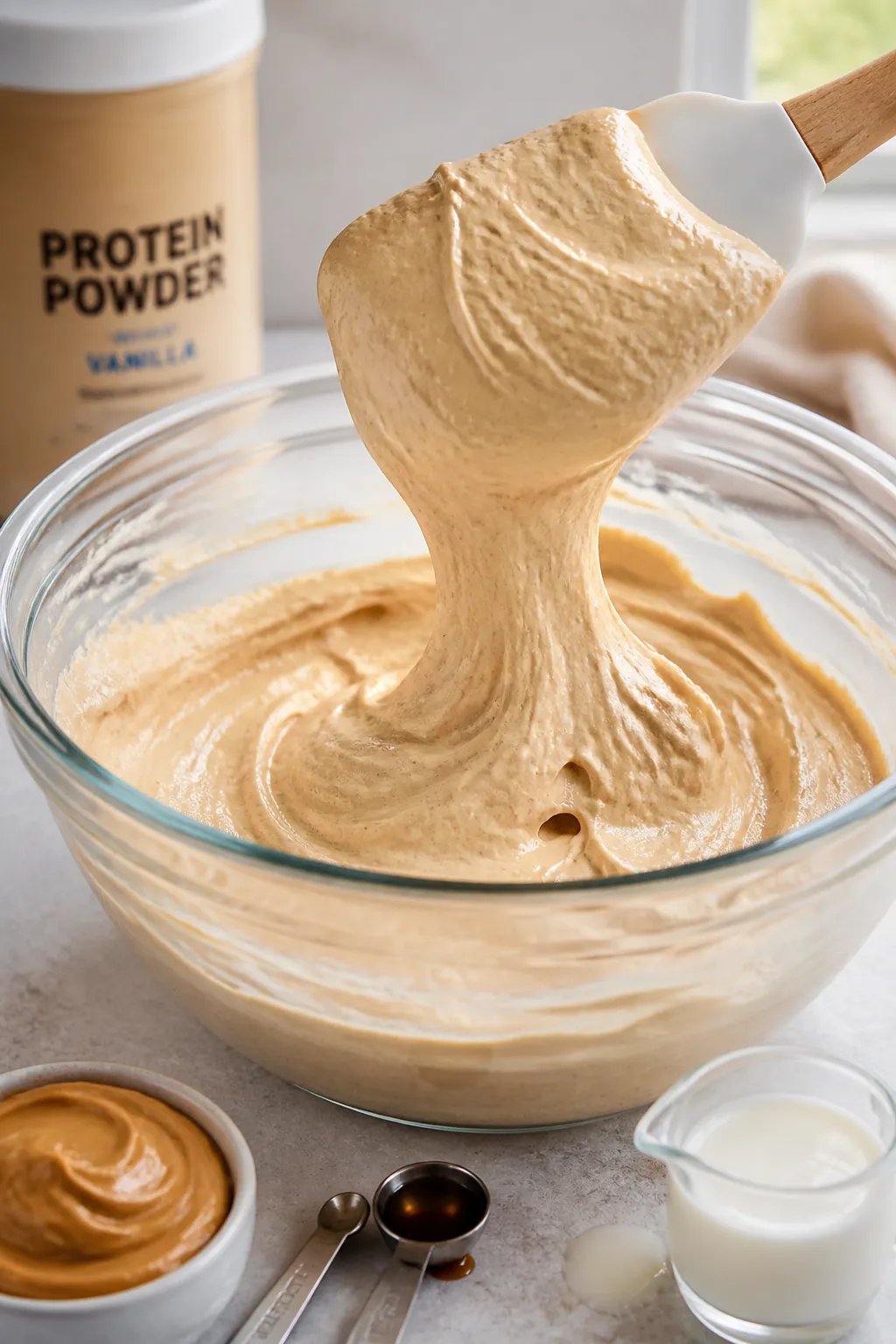 Cooking process — Close-up of creamy peanut butter cheesecake filling being whisked to a thick, sp