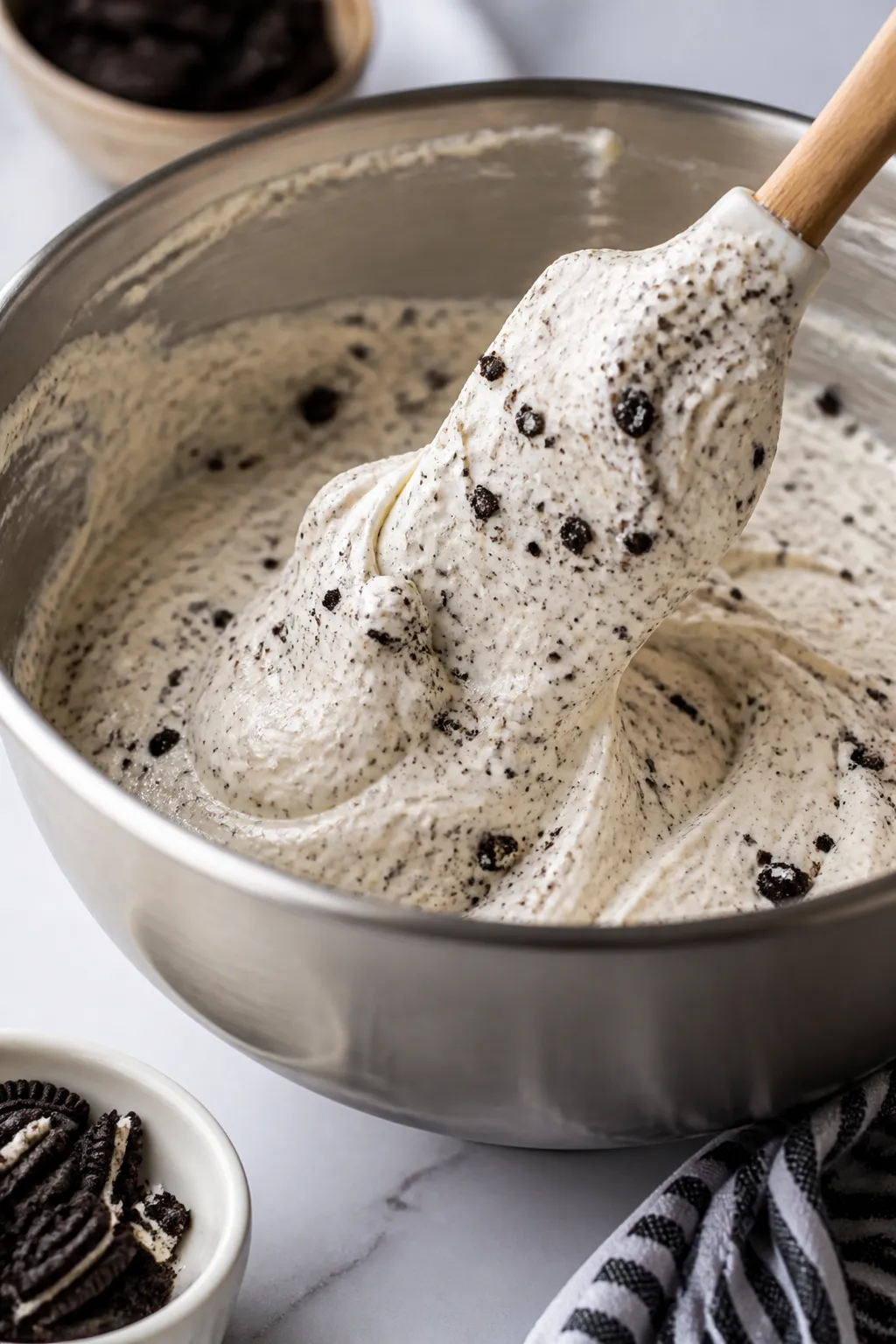Cooking process close-up: Silky cheesecake batter being gently folded with speckled low-carb “Oreo