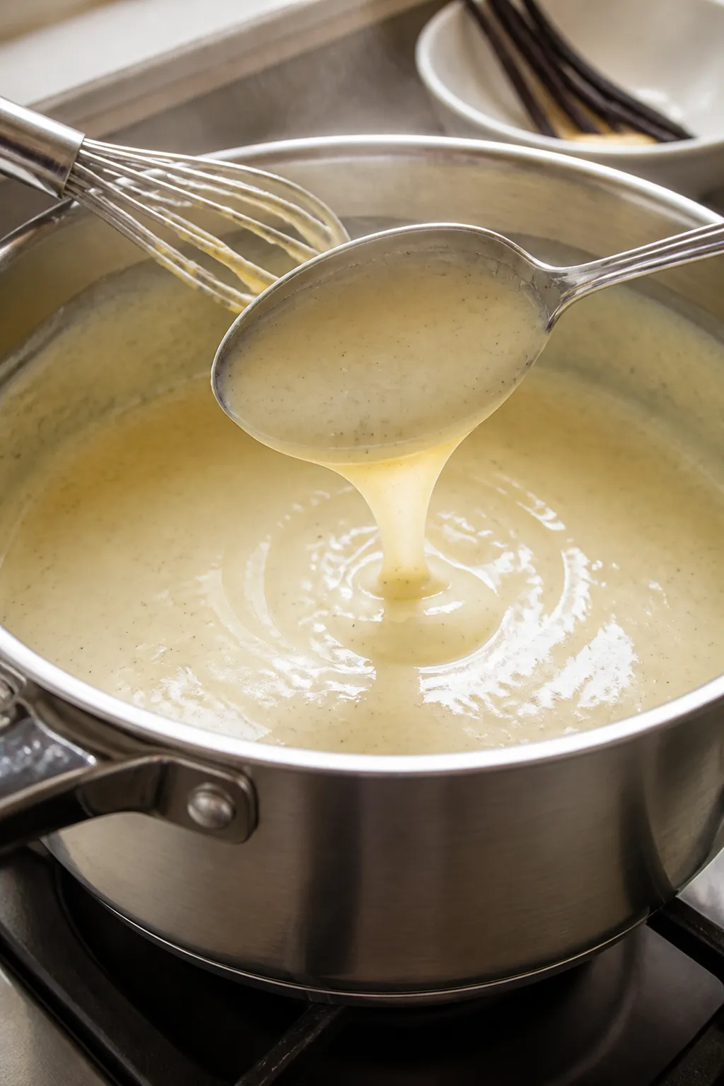 Cooking process close-up: Silky vanilla bean pudding thickening in a stainless saucepan on medium he