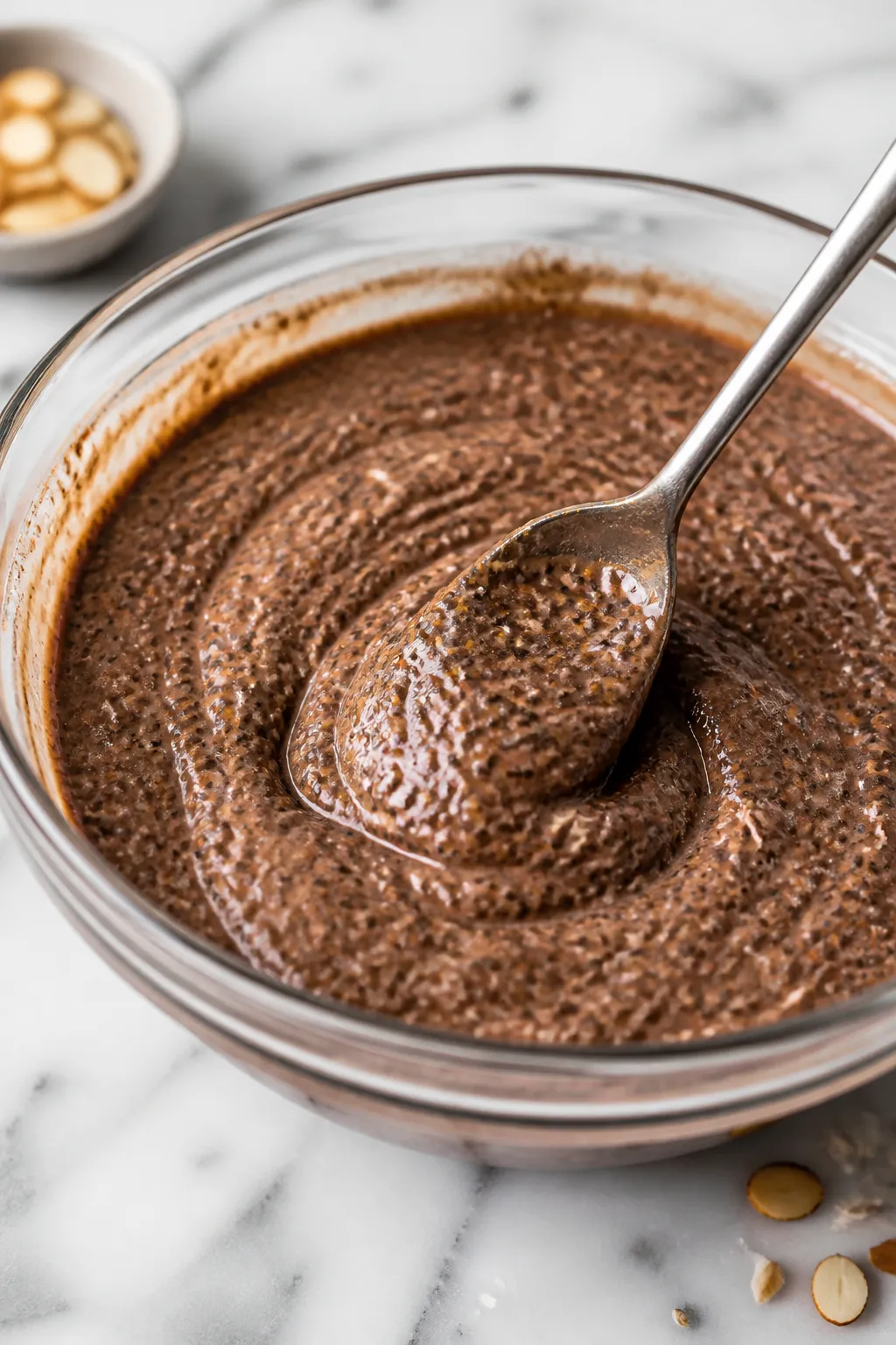 Cooking process close-up: Thickening Almond Joy chia pudding in a glass mixing bowl after the first