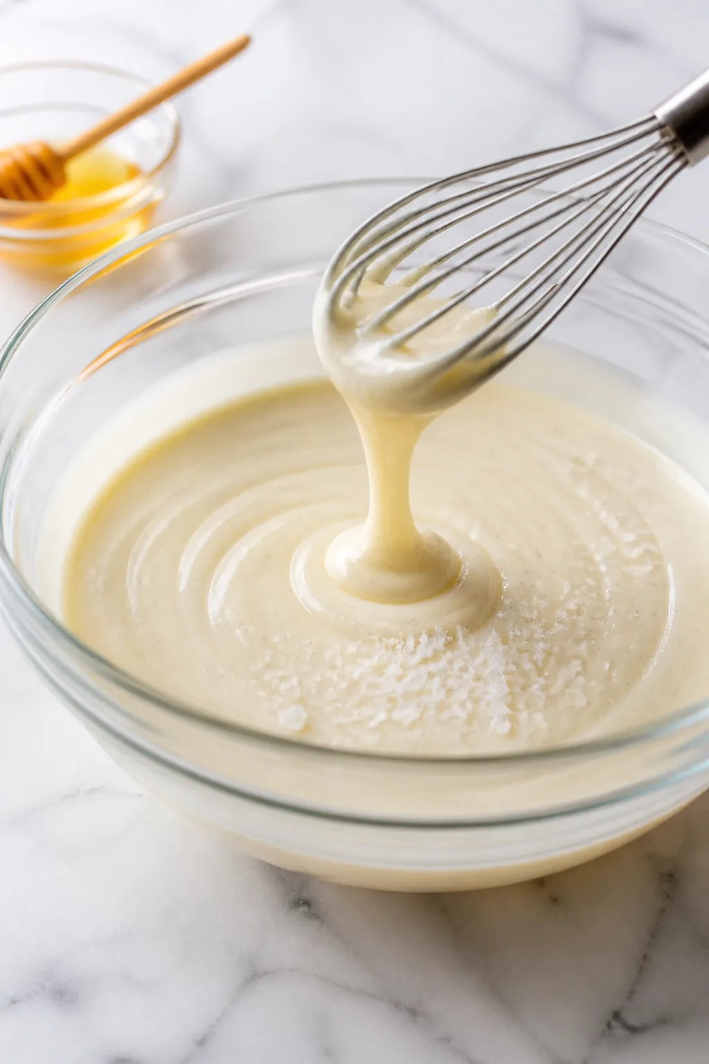 Cooking process — glossy white chocolate base: Close-up of a microwave-safe glass bowl with freshl