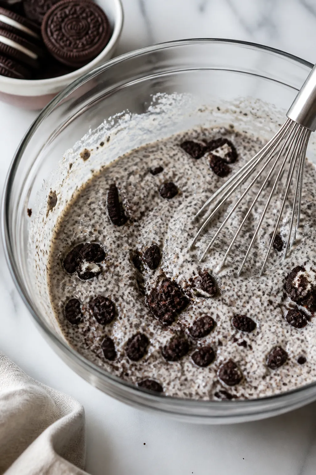 Cooking process — Oreo chia base being whisked smooth: Close-up of a glass mixing bowl with a thic
