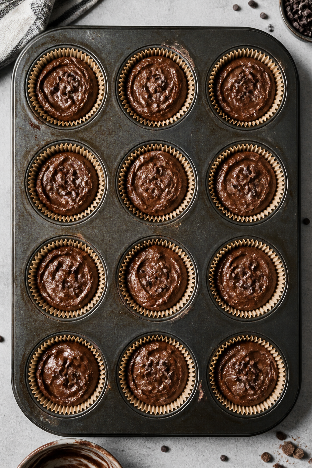 Cooking process: Overhead shot of a 12-cup muffin tin just filled 3/4 full with thick, scoopable dou