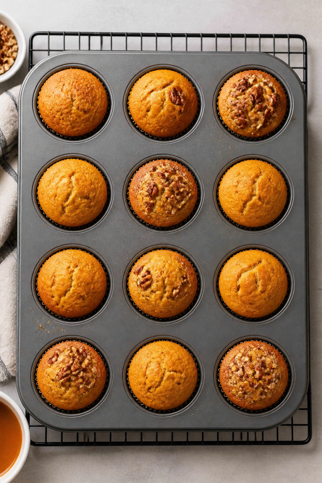 Cooking process: Overhead shot of a 12-cup muffin tin just out of the oven on a wire rack, each muff