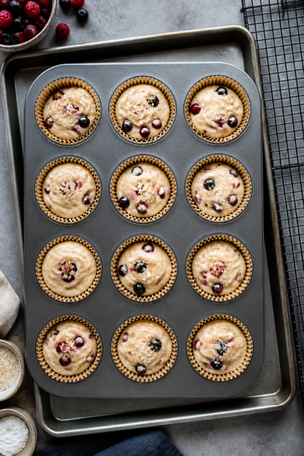 Cooking process: Overhead shot of a 12-cup muffin tin just filled two-thirds with thick, slightly lu