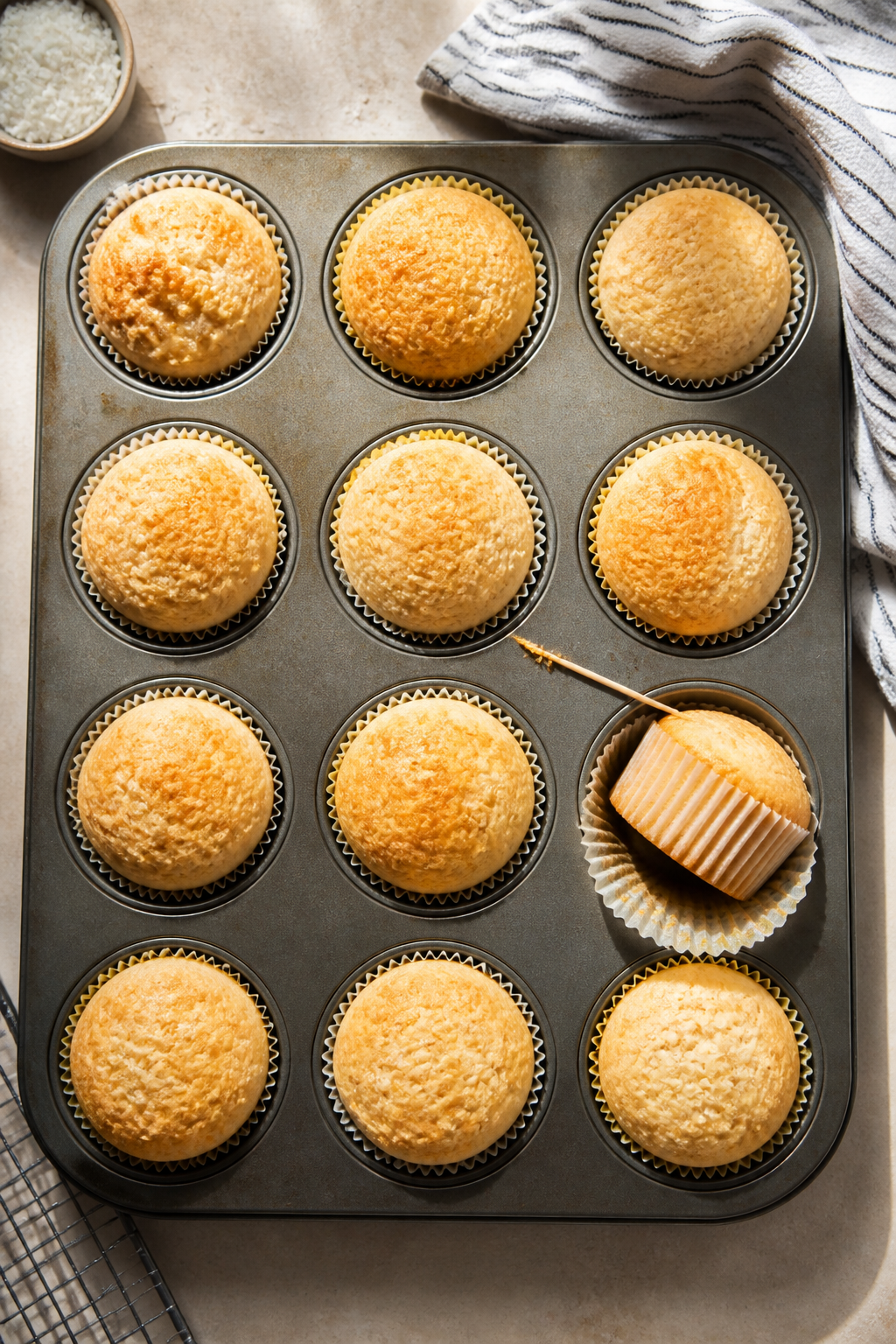 Cooking process: Overhead shot of a 12-cup muffin tin just out of the oven at 350°F, each cup lined